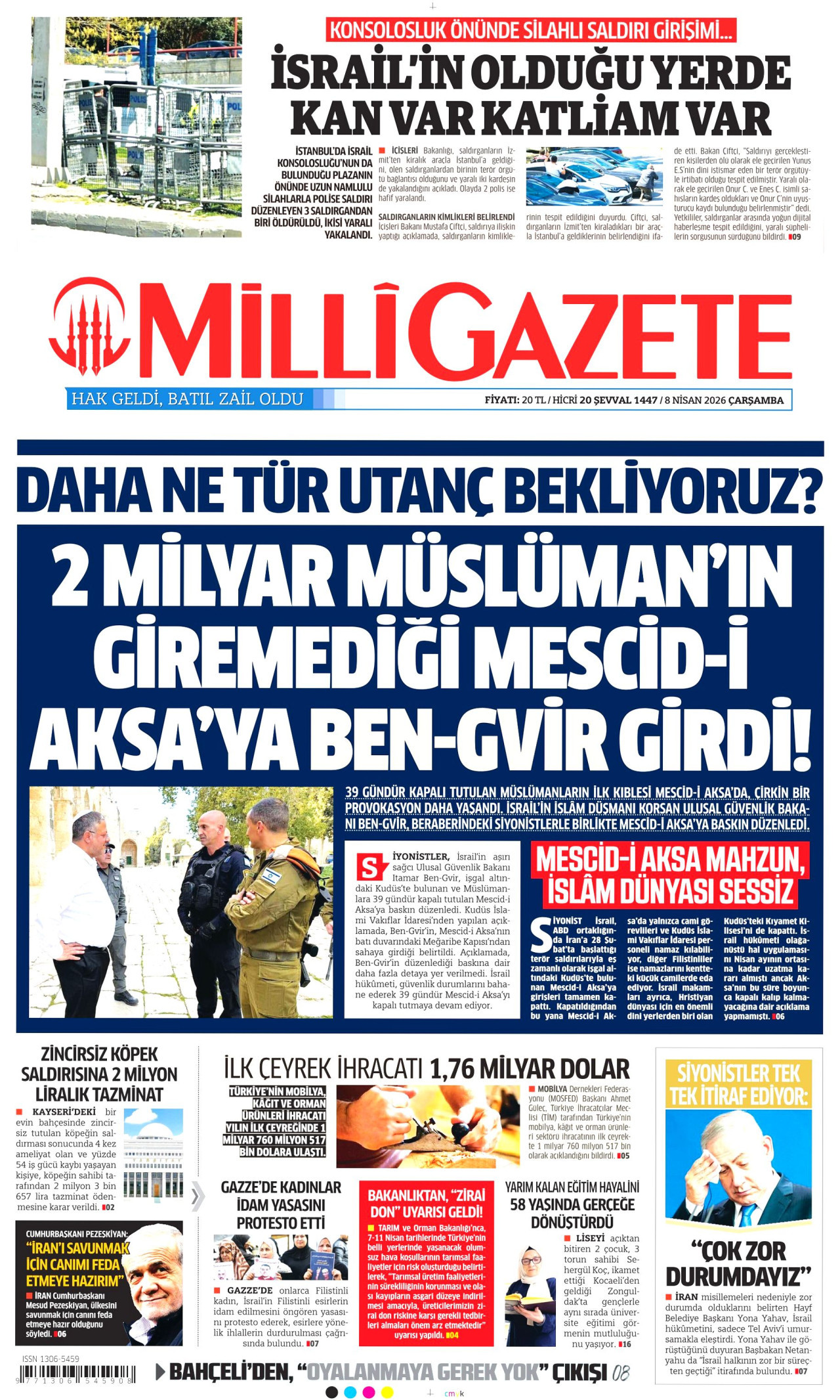 MİLLİ GAZETE gazetesinin 8 Nisan 2026 tarihli birinci sayfası