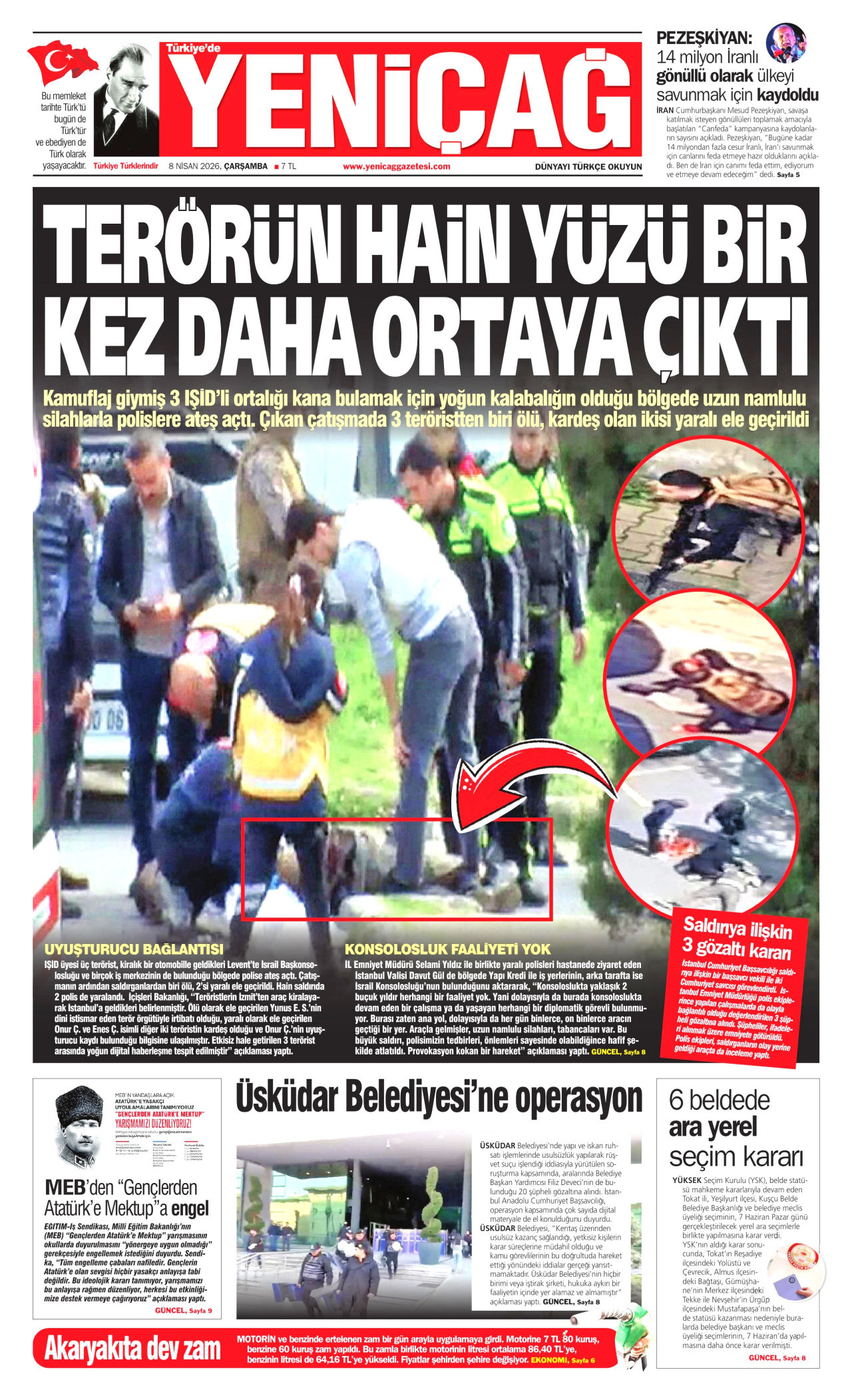YENİÇAĞ gazetesinin 8 Nisan 2026 tarihli birinci sayfası