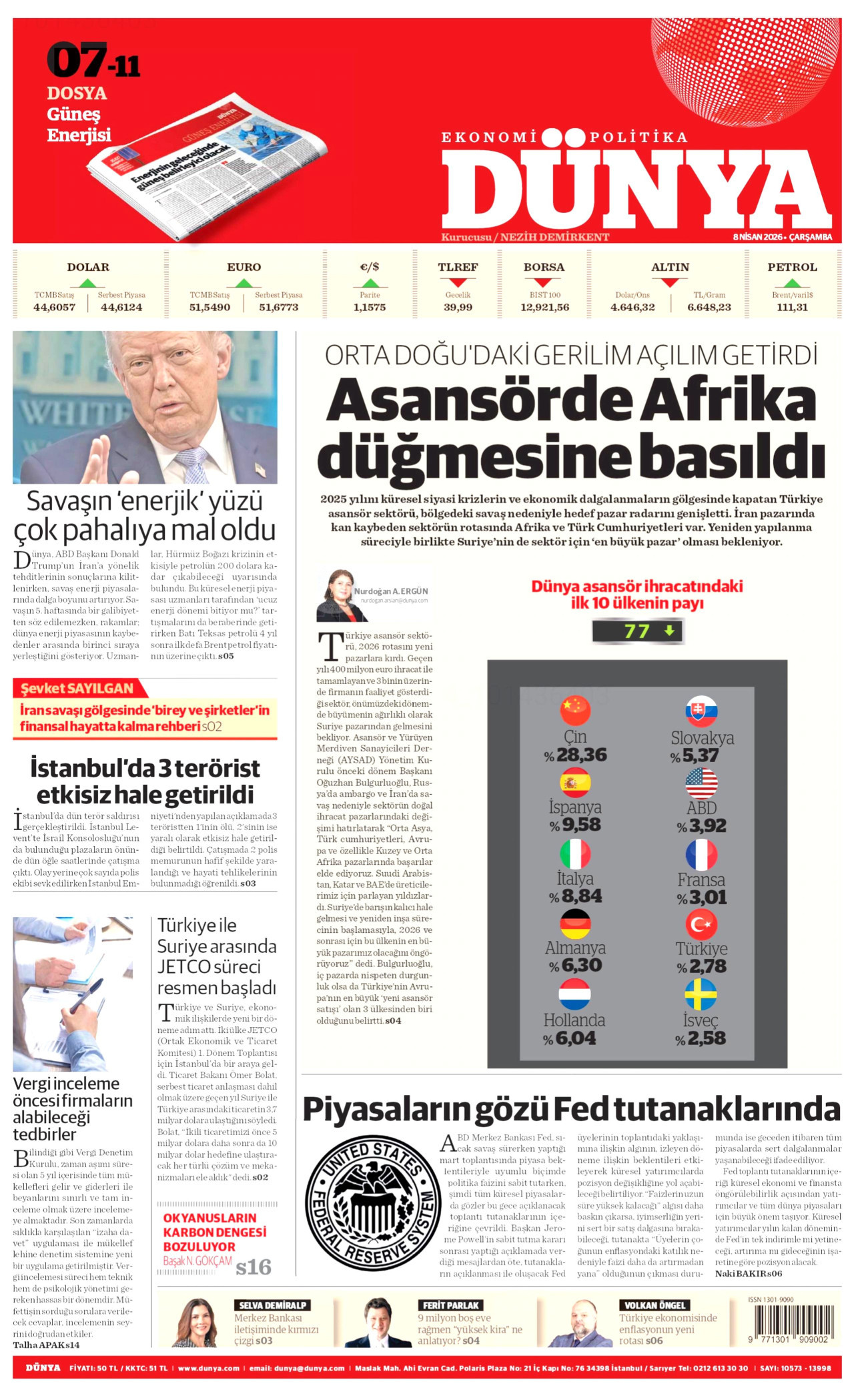 DÜNYA gazetesinin 8 Nisan 2026 tarihli birinci sayfası
