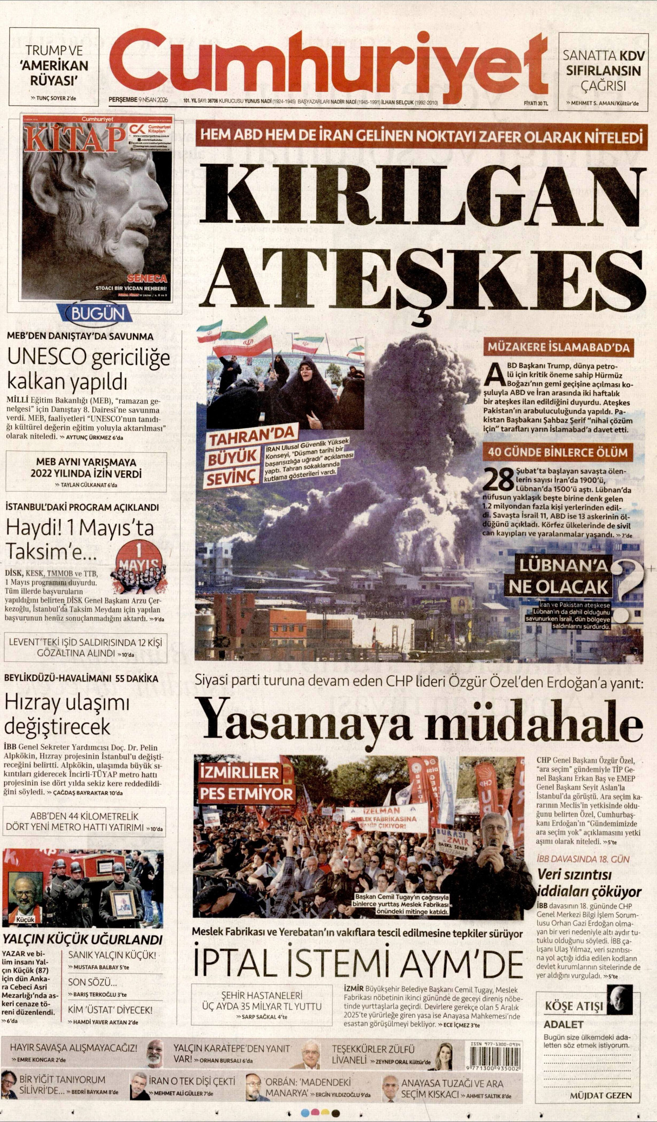 CUMHURİYET gazetesinin 9 Nisan 2026 tarihli birinci sayfası