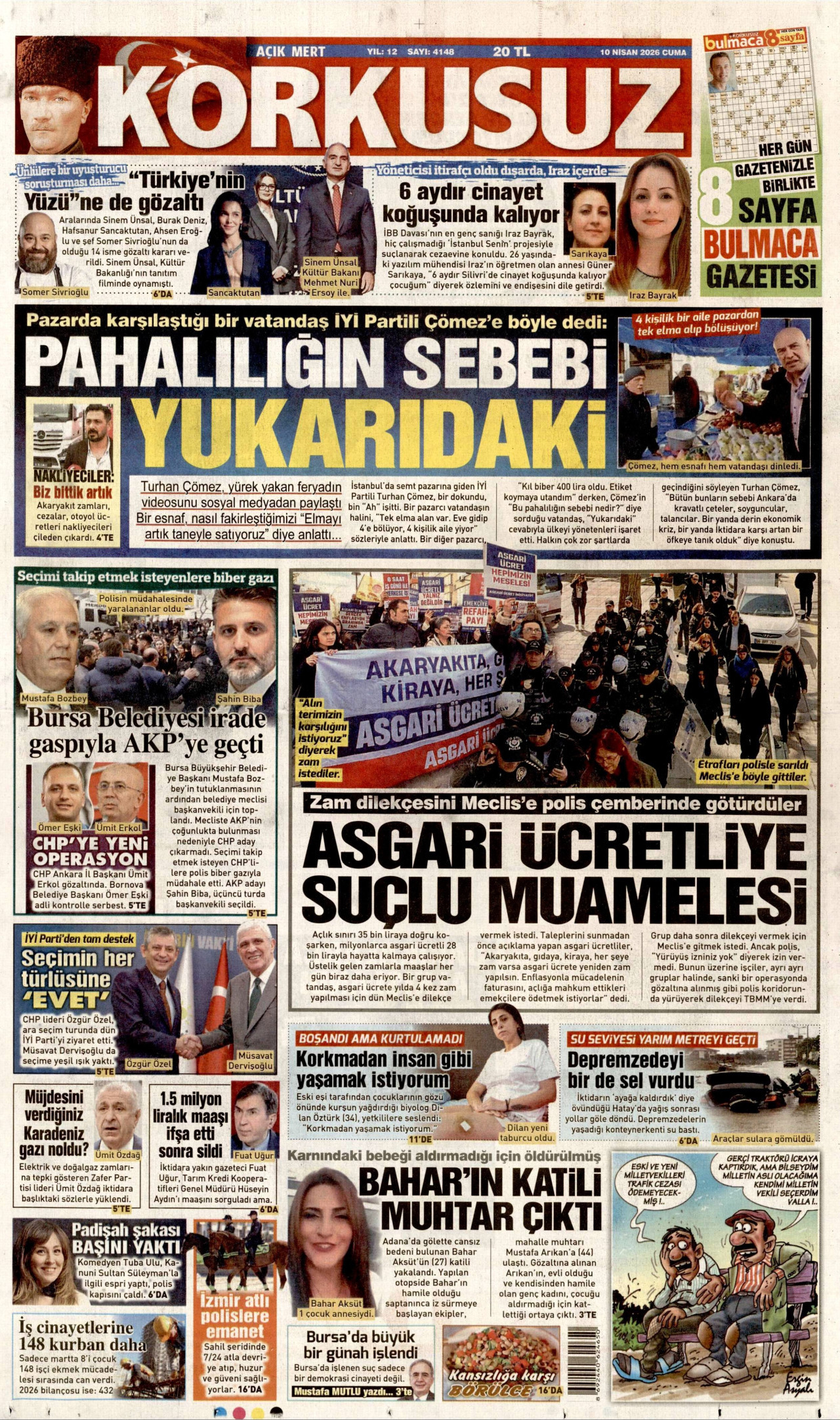 KORKUSUZ gazetesinin 10 Nisan 2026 tarihli birinci sayfası