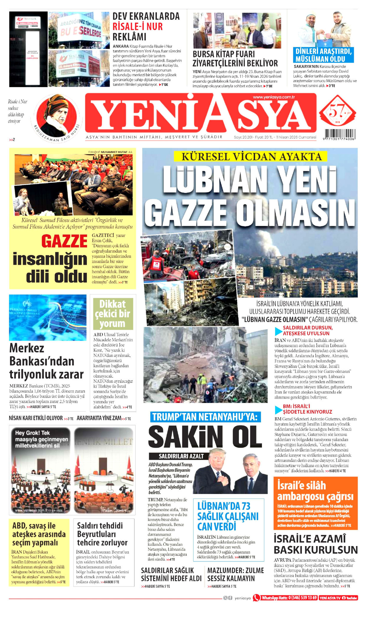 YENİ ASYA gazetesinin 11 Nisan 2026 tarihli birinci sayfası