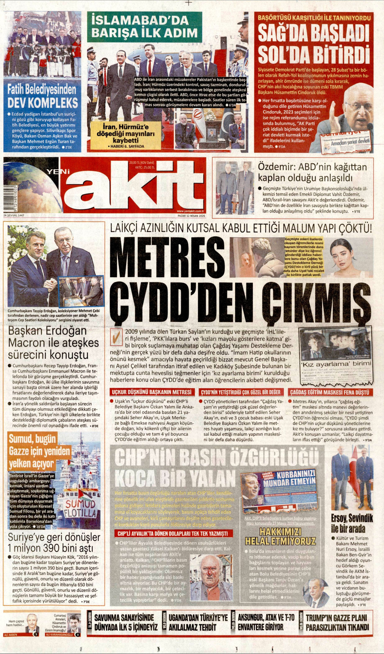 YENİ AKİT gazetesinin 12 Nisan 2026 tarihli birinci sayfası