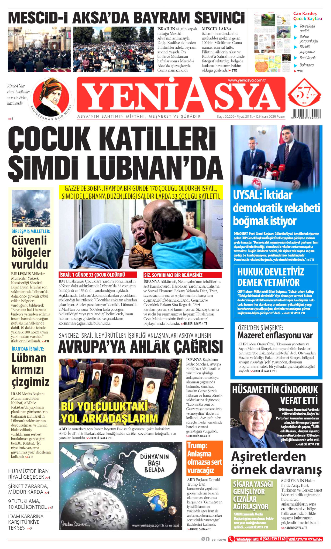 YENİ ASYA gazetesinin 12 Nisan 2026 tarihli birinci sayfası