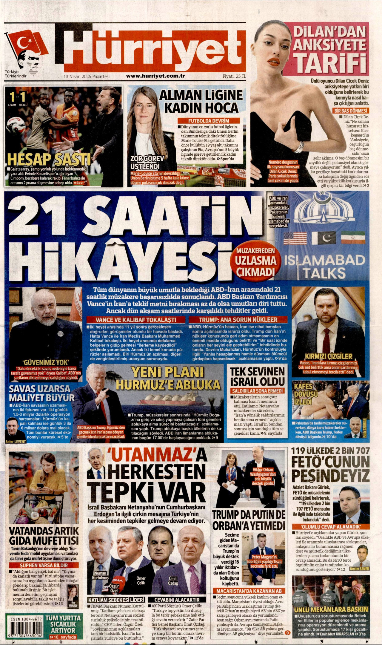HÜRRİYET gazetesinin 13 Nisan 2026 tarihli birinci sayfası