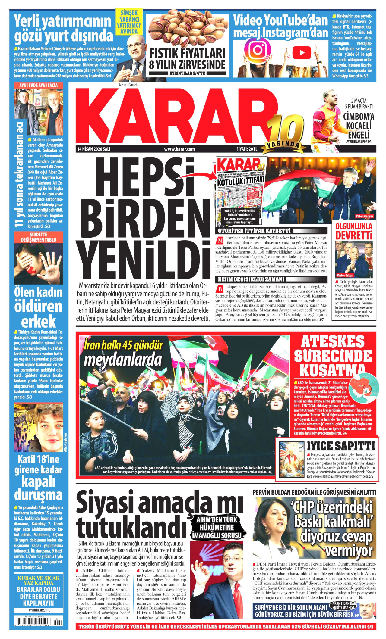 KARAR gazetesinin 14 Nisan 2026 tarihli birinci sayfası