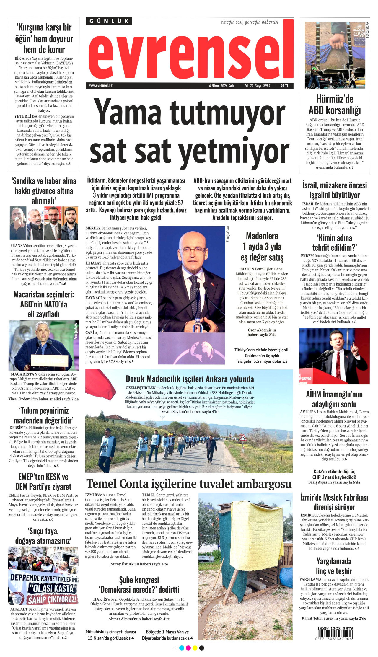 EVRENSEL gazetesinin 14 Nisan 2026 tarihli birinci sayfası