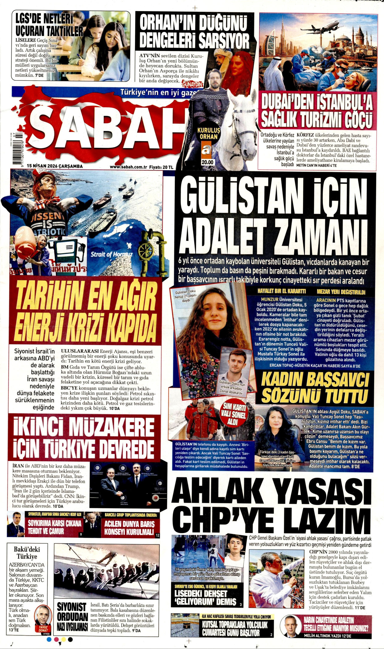 SABAH gazetesinin 15 Nisan 2026 tarihli birinci sayfası