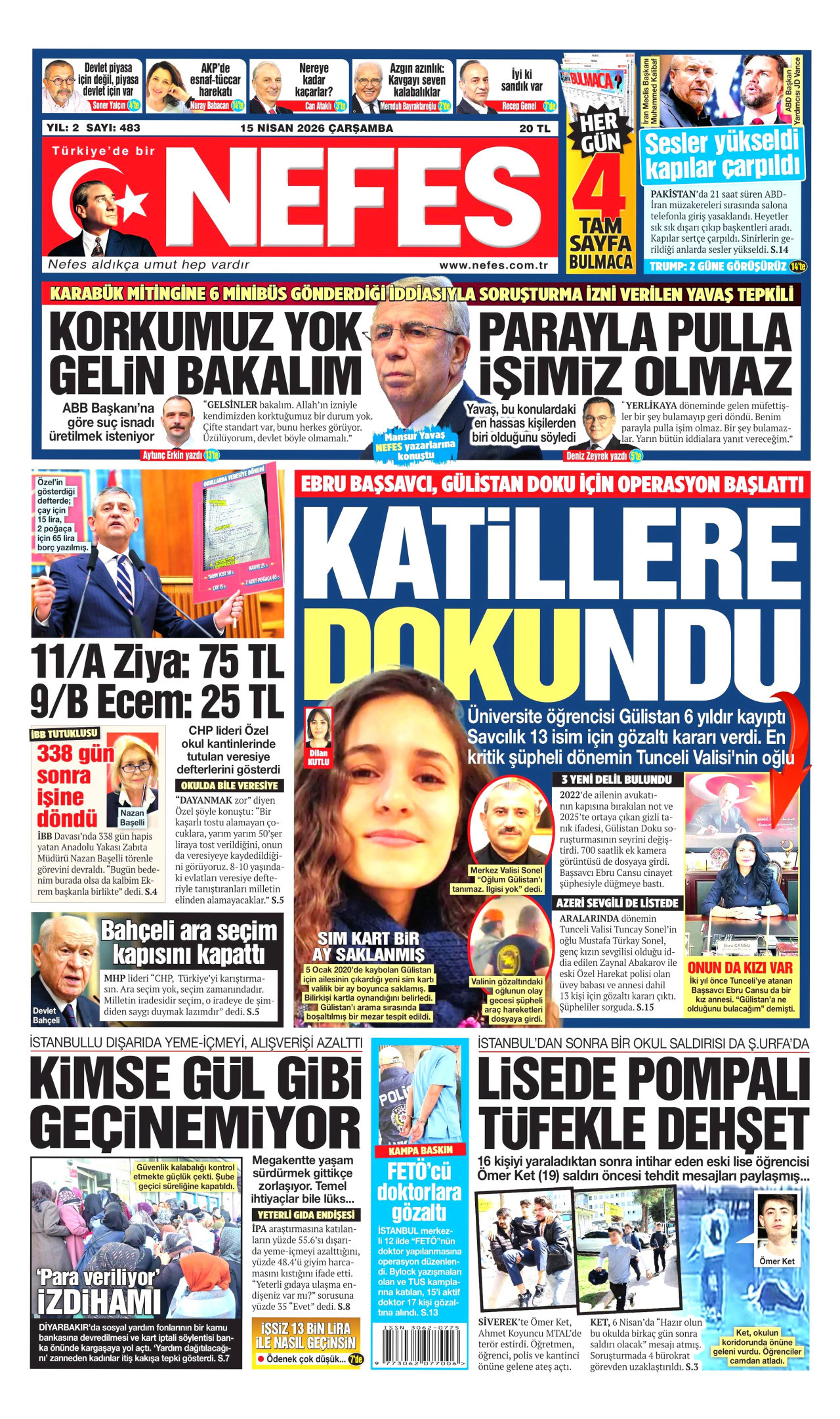 NEFES gazetesinin 15 Nisan 2026 tarihli birinci sayfası