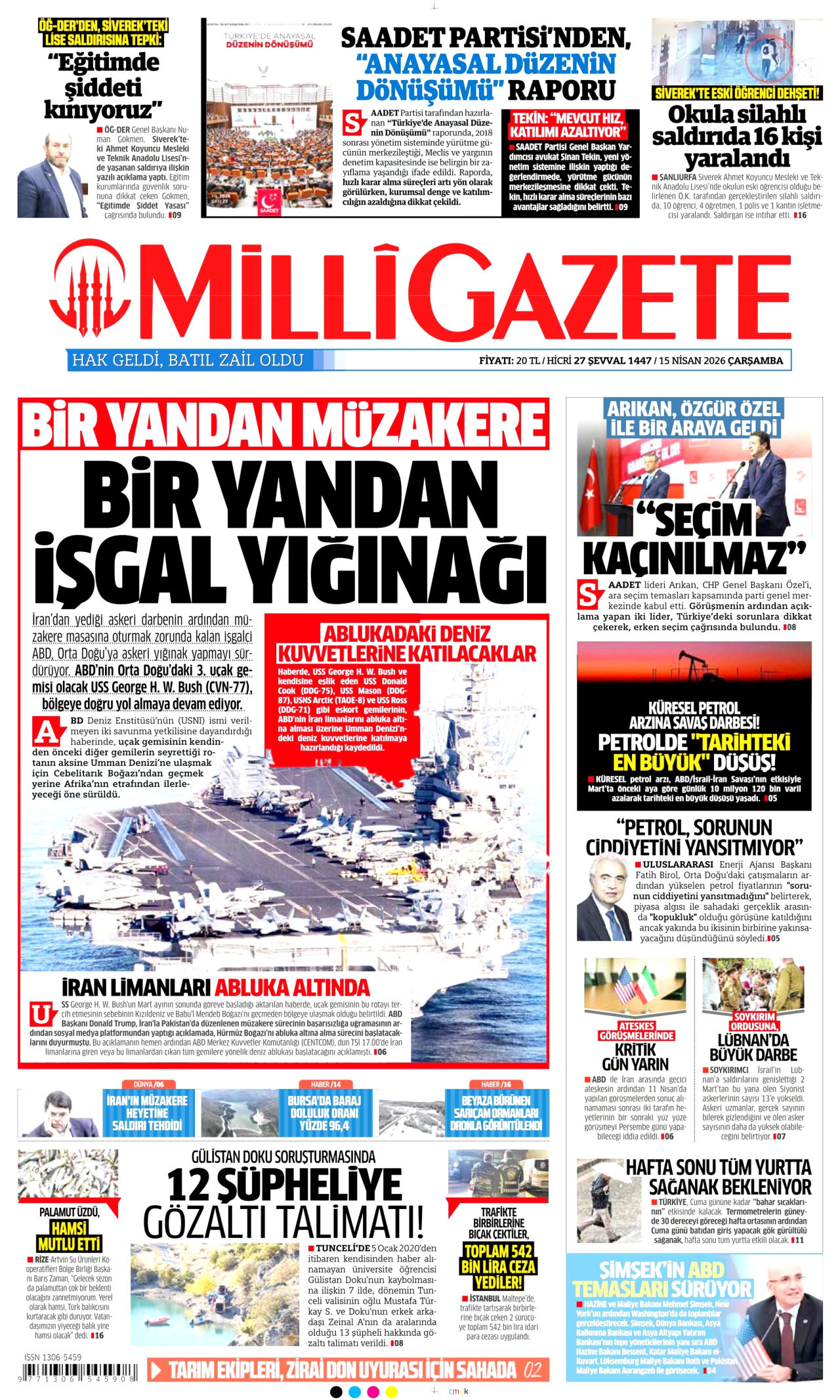 MİLLİ GAZETE gazetesinin 15 Nisan 2026 tarihli birinci sayfası
