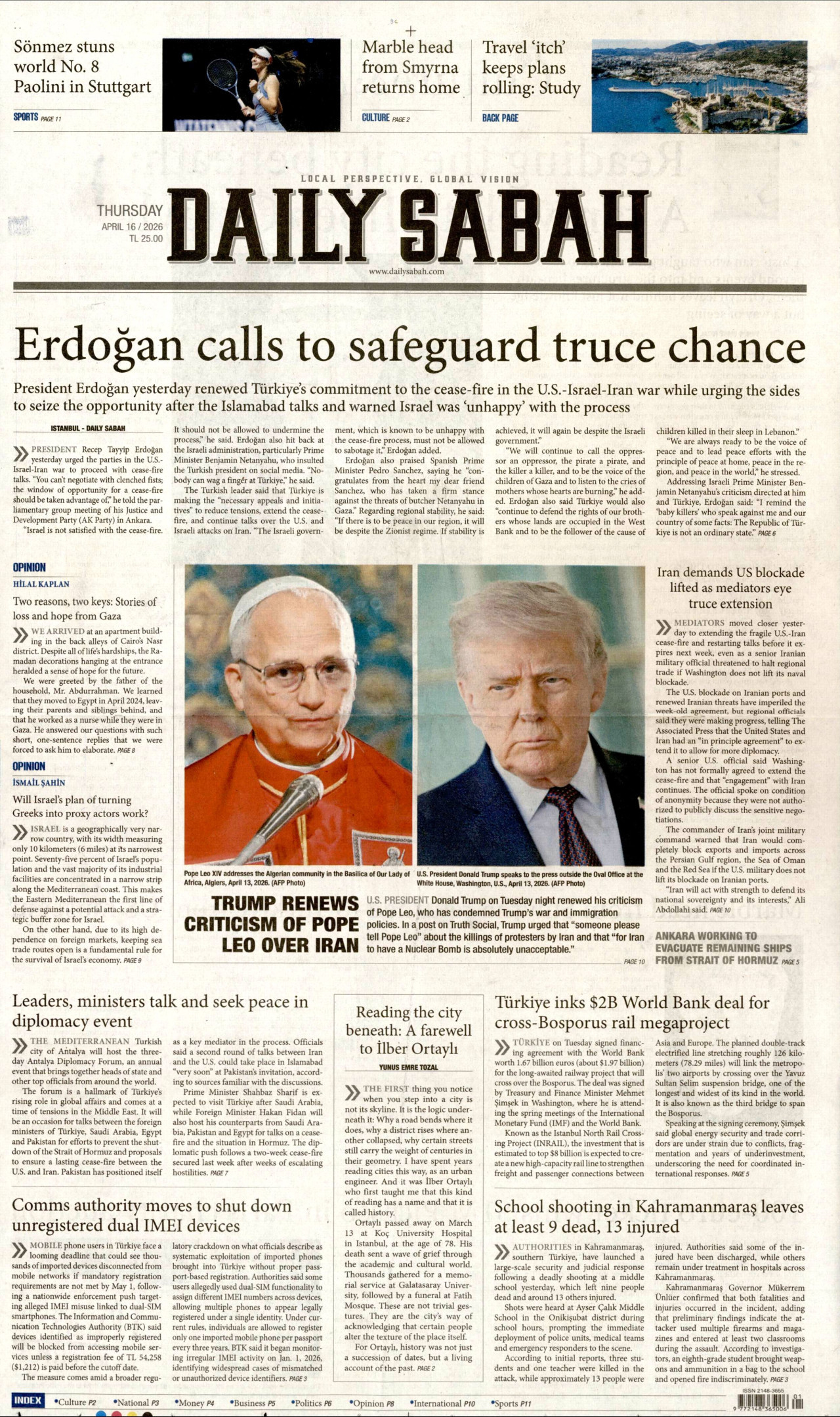 DAİLY SABAH gazetesinin 16 Nisan 2026 tarihli birinci sayfası