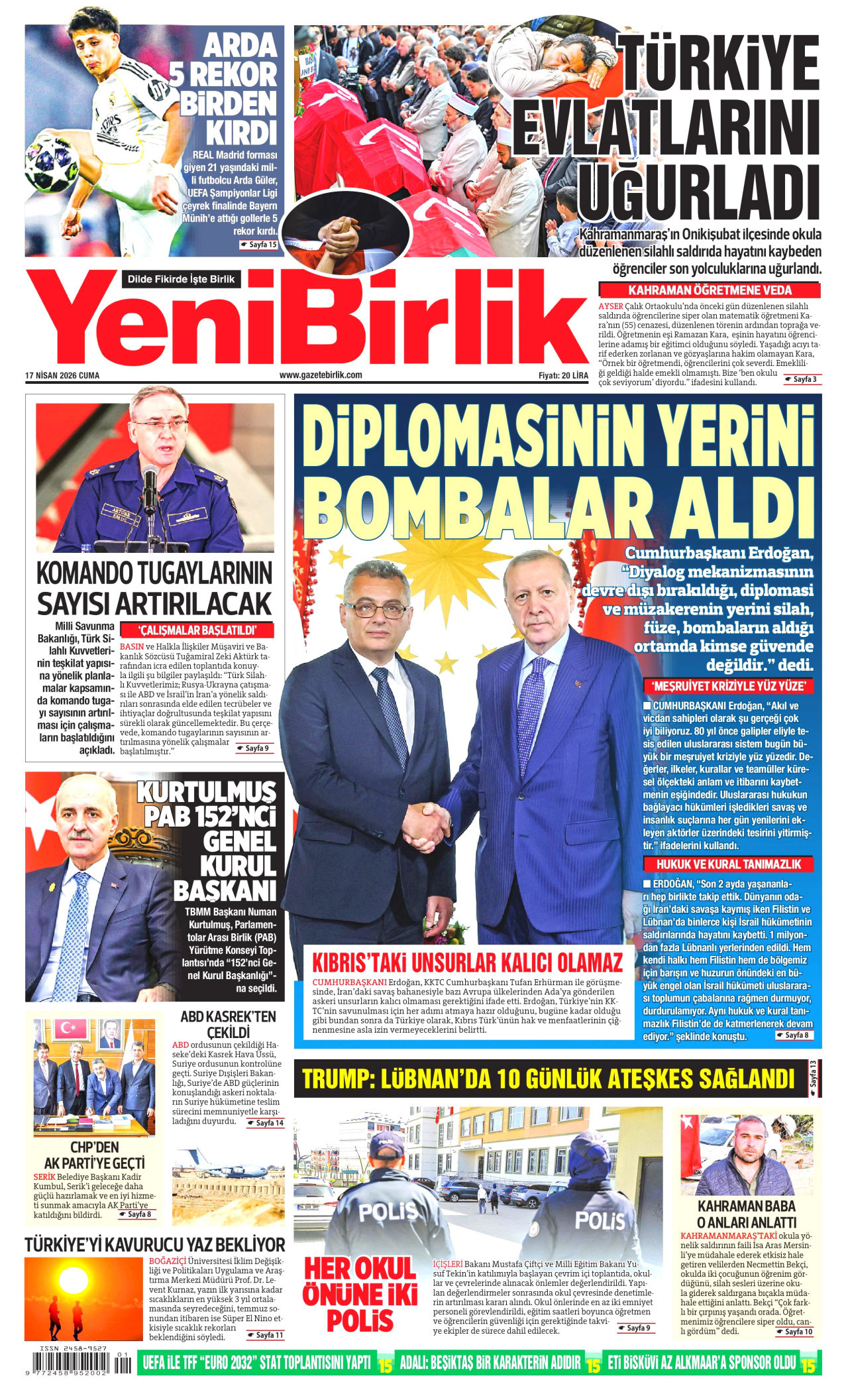 YENİBİRLİK gazetesinin 17 Nisan 2026 tarihli birinci sayfası