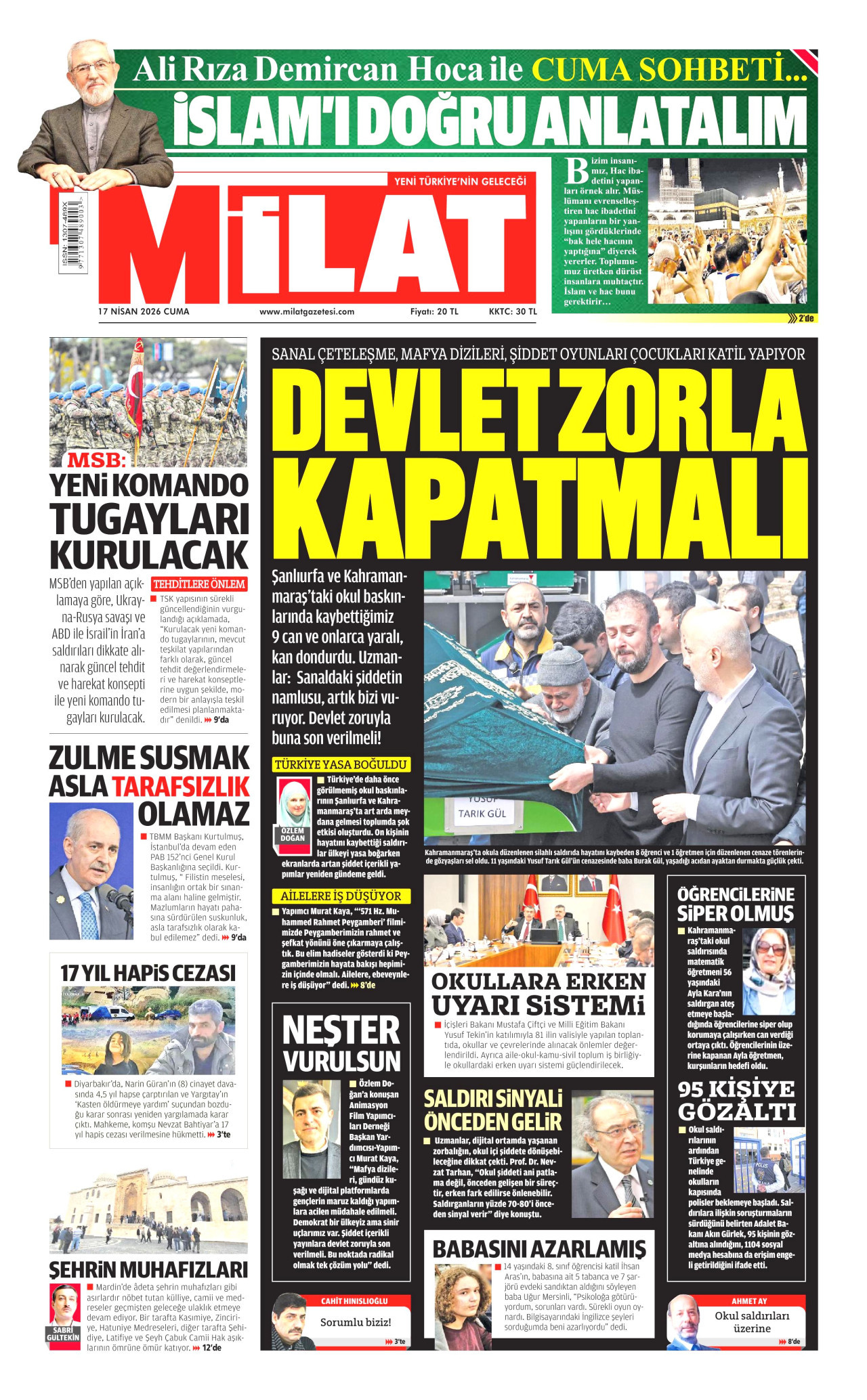 MİLAT gazetesinin 17 Nisan 2026 tarihli birinci sayfası