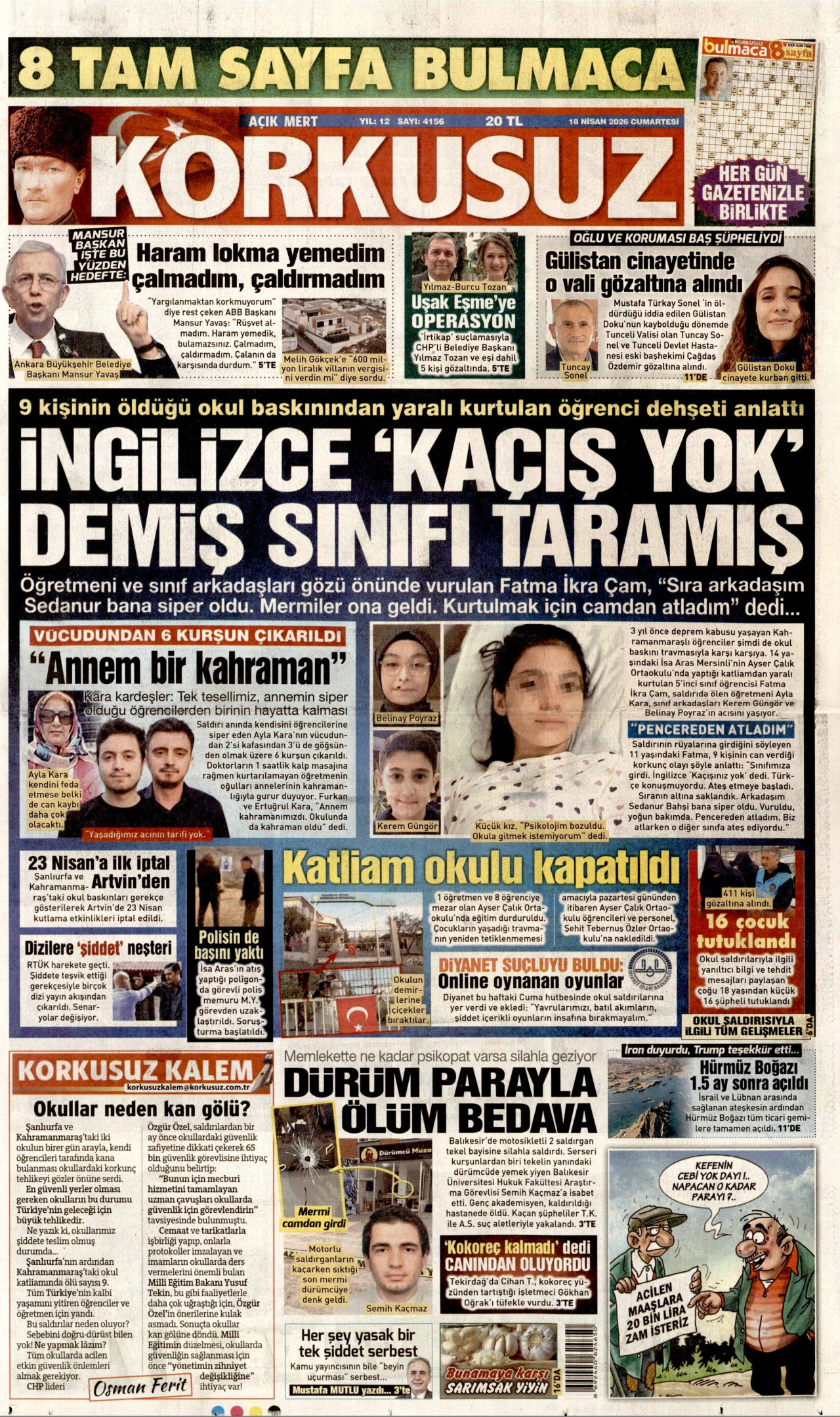 KORKUSUZ gazetesinin 18 Nisan 2026 tarihli birinci sayfası