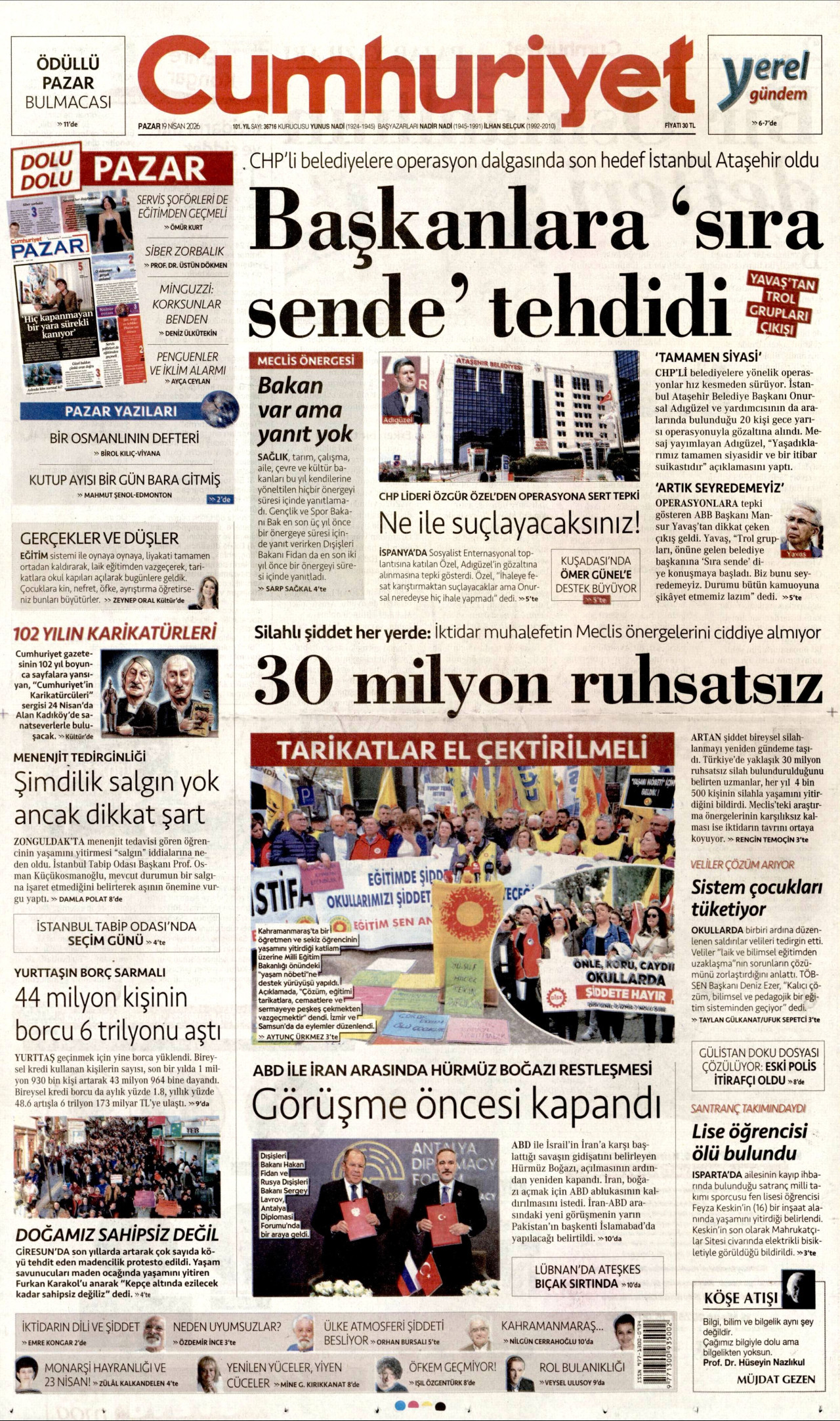 CUMHURİYET gazetesinin 19 Nisan 2026 tarihli birinci sayfası