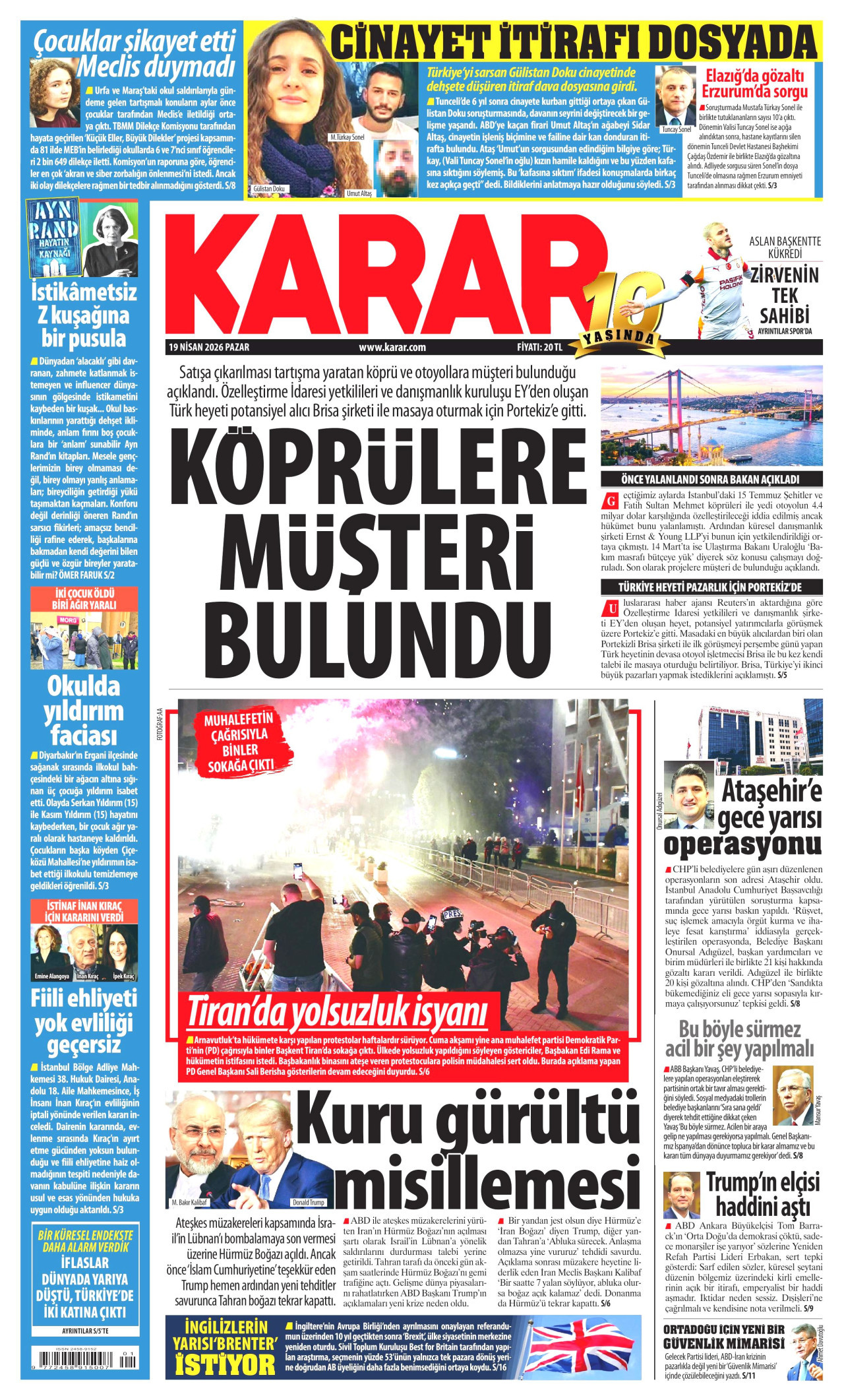 KARAR gazetesinin 19 Nisan 2026 tarihli birinci sayfası
