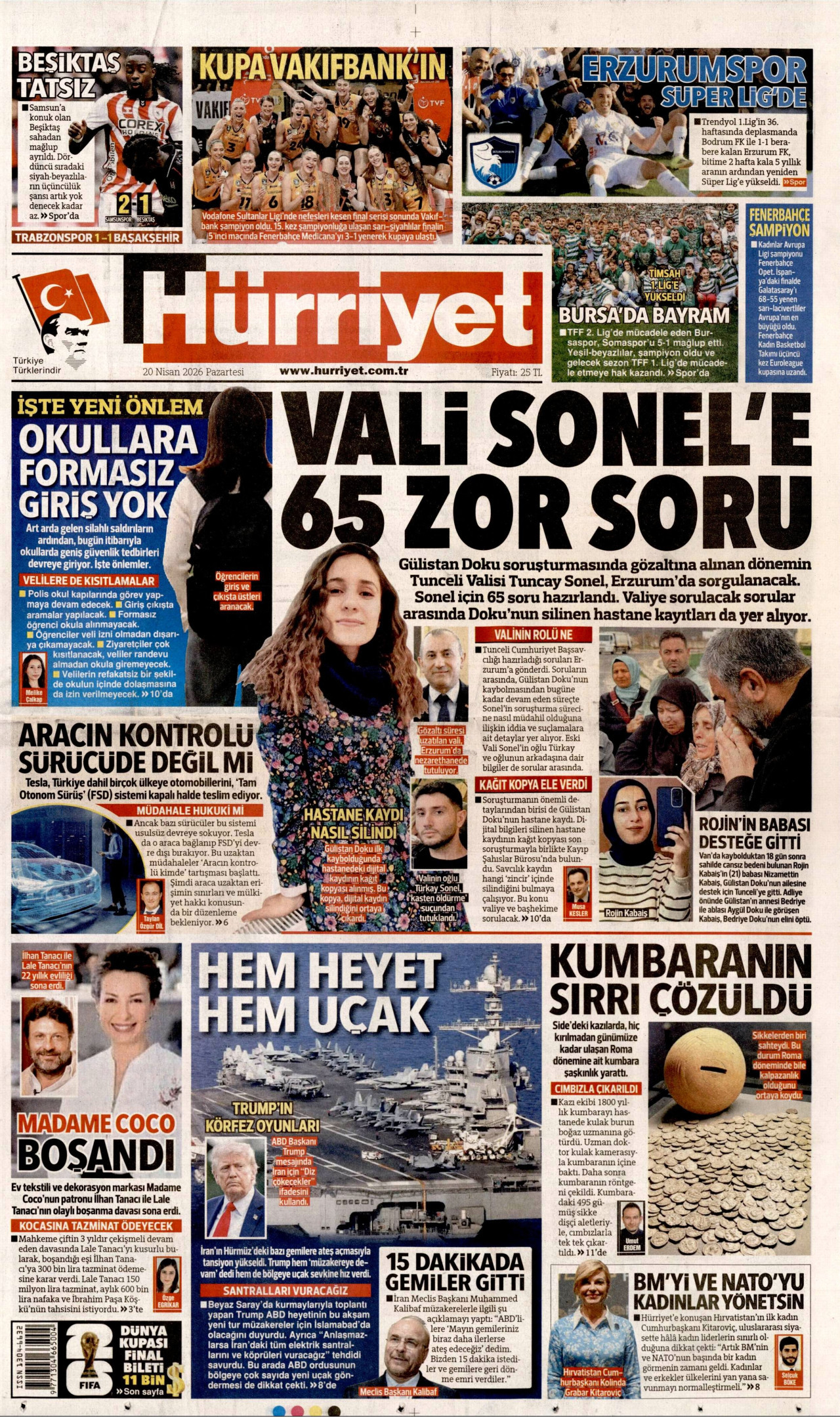 HÜRRİYET gazetesinin 20 Nisan 2026 tarihli birinci sayfası