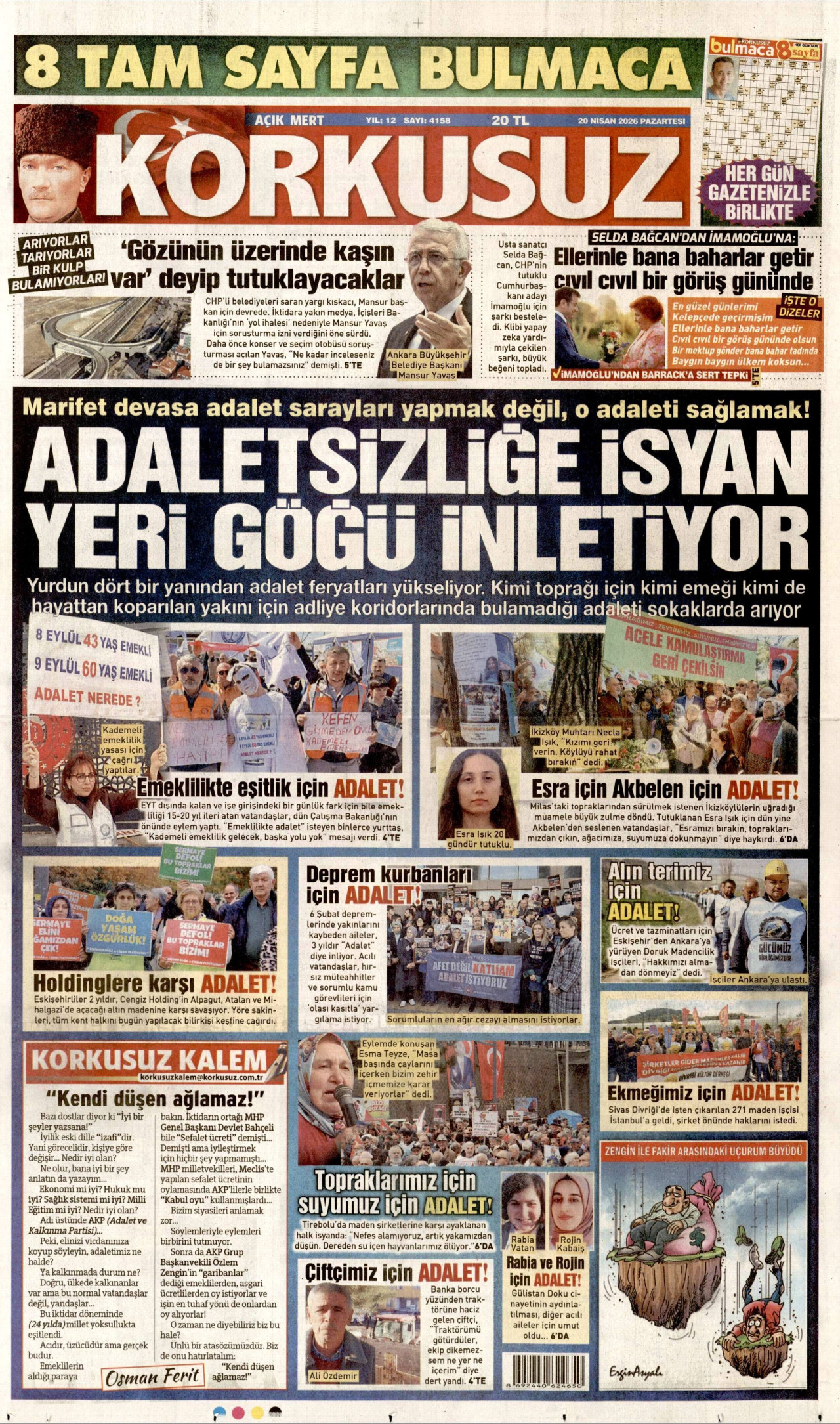 KORKUSUZ gazetesinin 20 Nisan 2026 tarihli birinci sayfası
