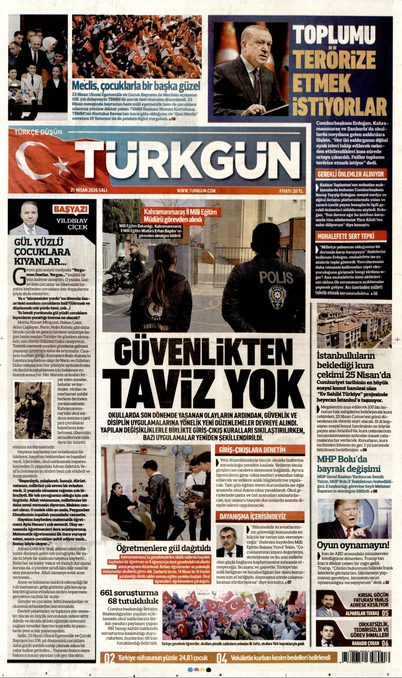 TÜRKGÜN gazetesinin 21 Nisan 2026 tarihli birinci sayfası