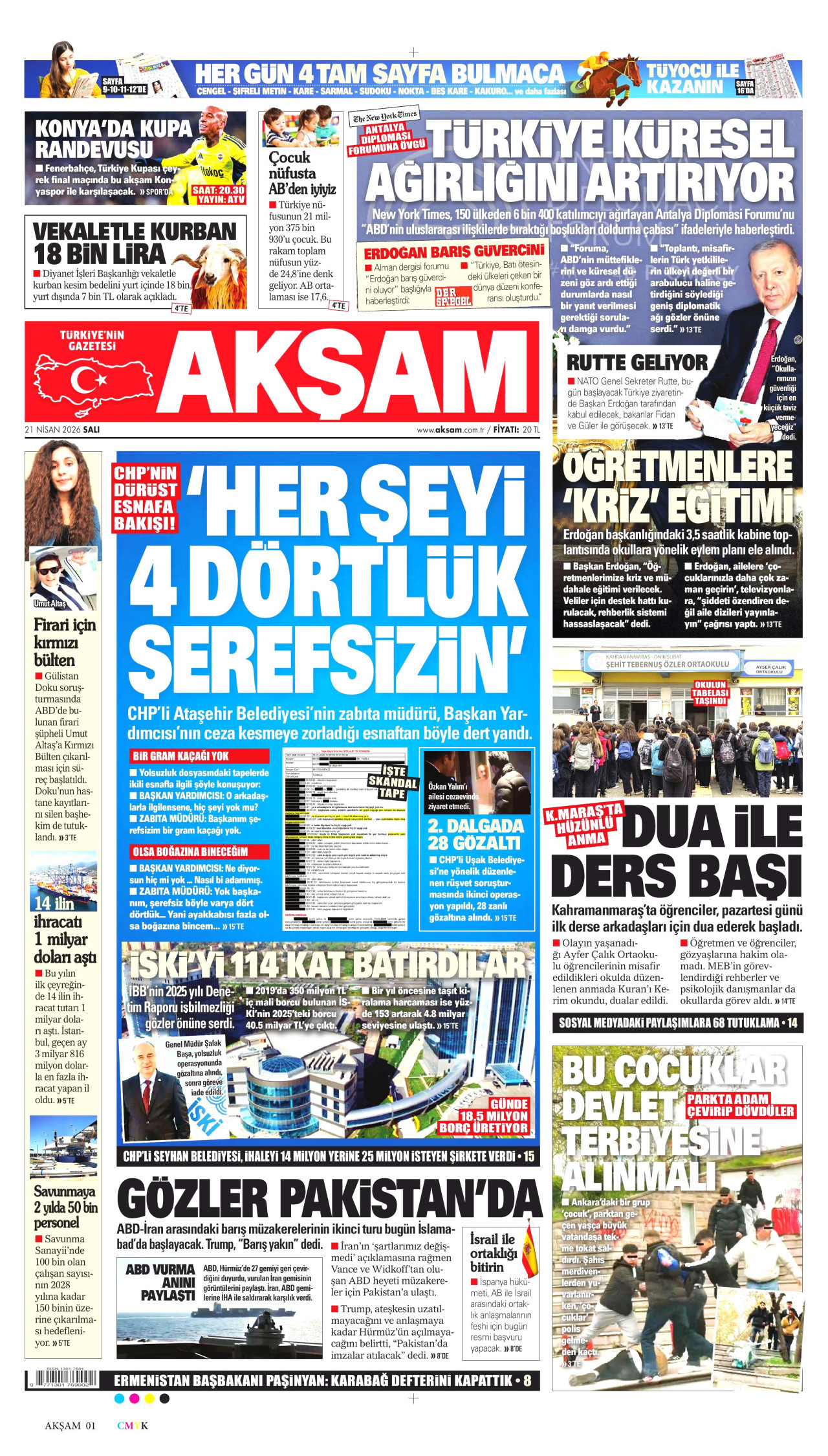 AKŞAM gazetesinin 21 Nisan 2026 tarihli birinci sayfası