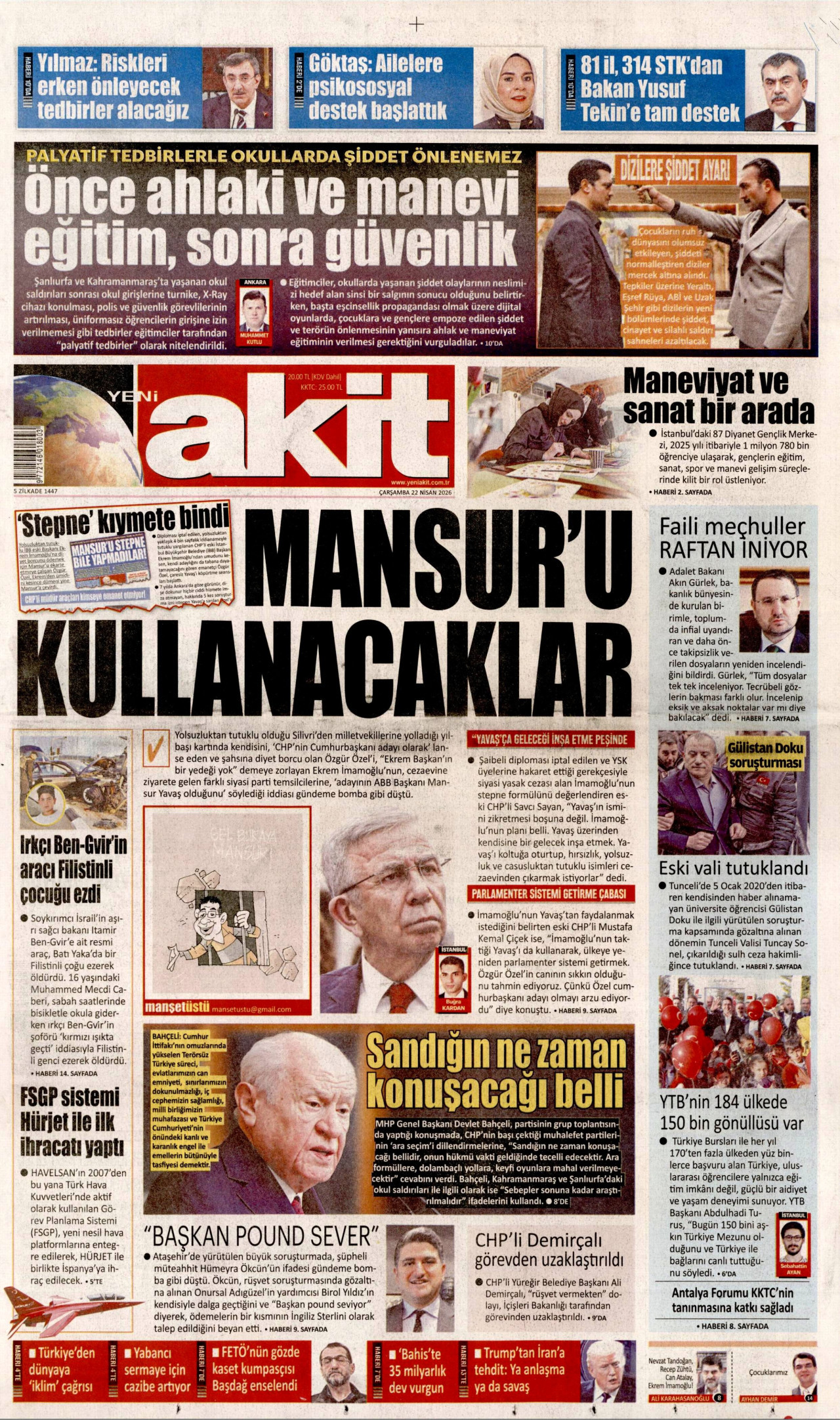 YENİ AKİT gazetesinin 22 Nisan 2026 tarihli birinci sayfası
