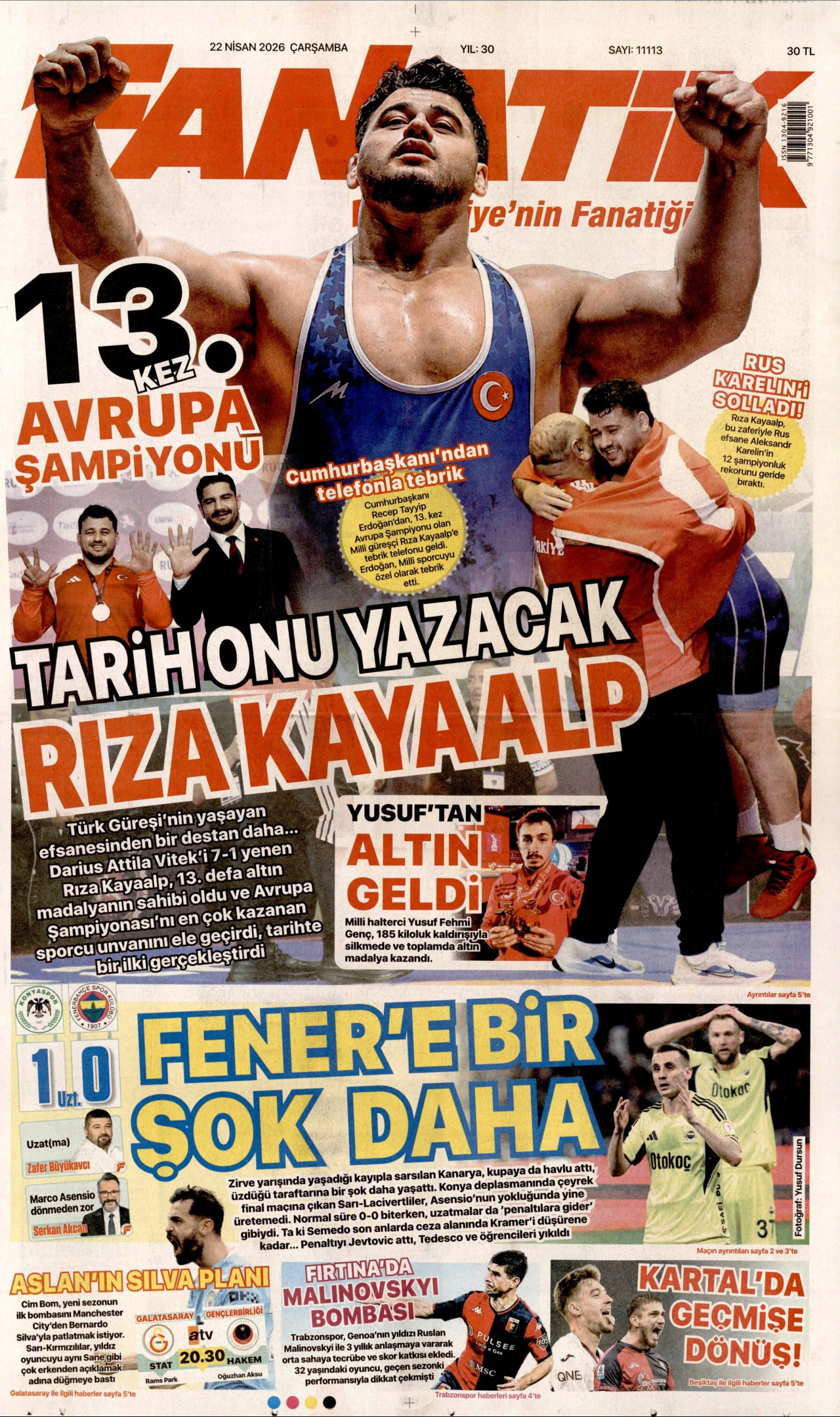 FANATİK gazetesinin 22 Nisan 2026 tarihli birinci sayfası