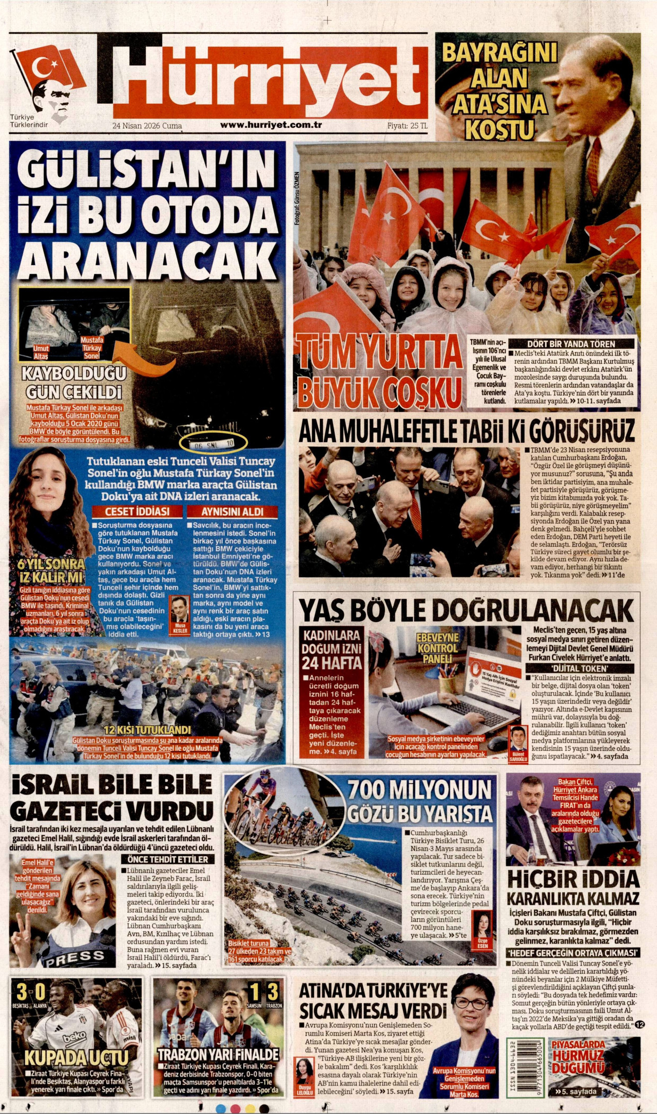 HÜRRİYET gazetesinin 24 Nisan 2026 tarihli birinci sayfası