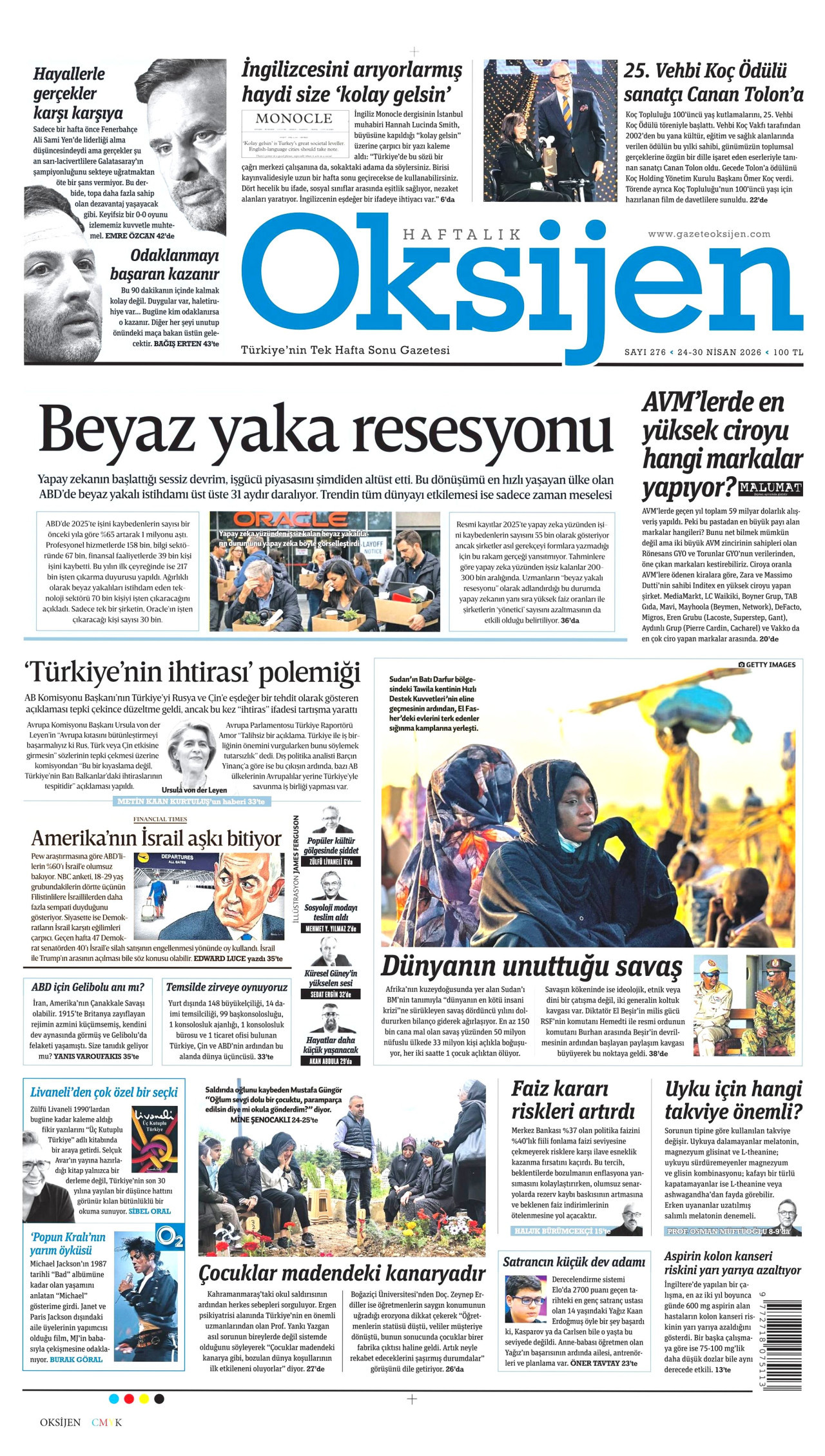 OKSİJEN gazetesinin 24 Nisan 2026 tarihli birinci sayfası
