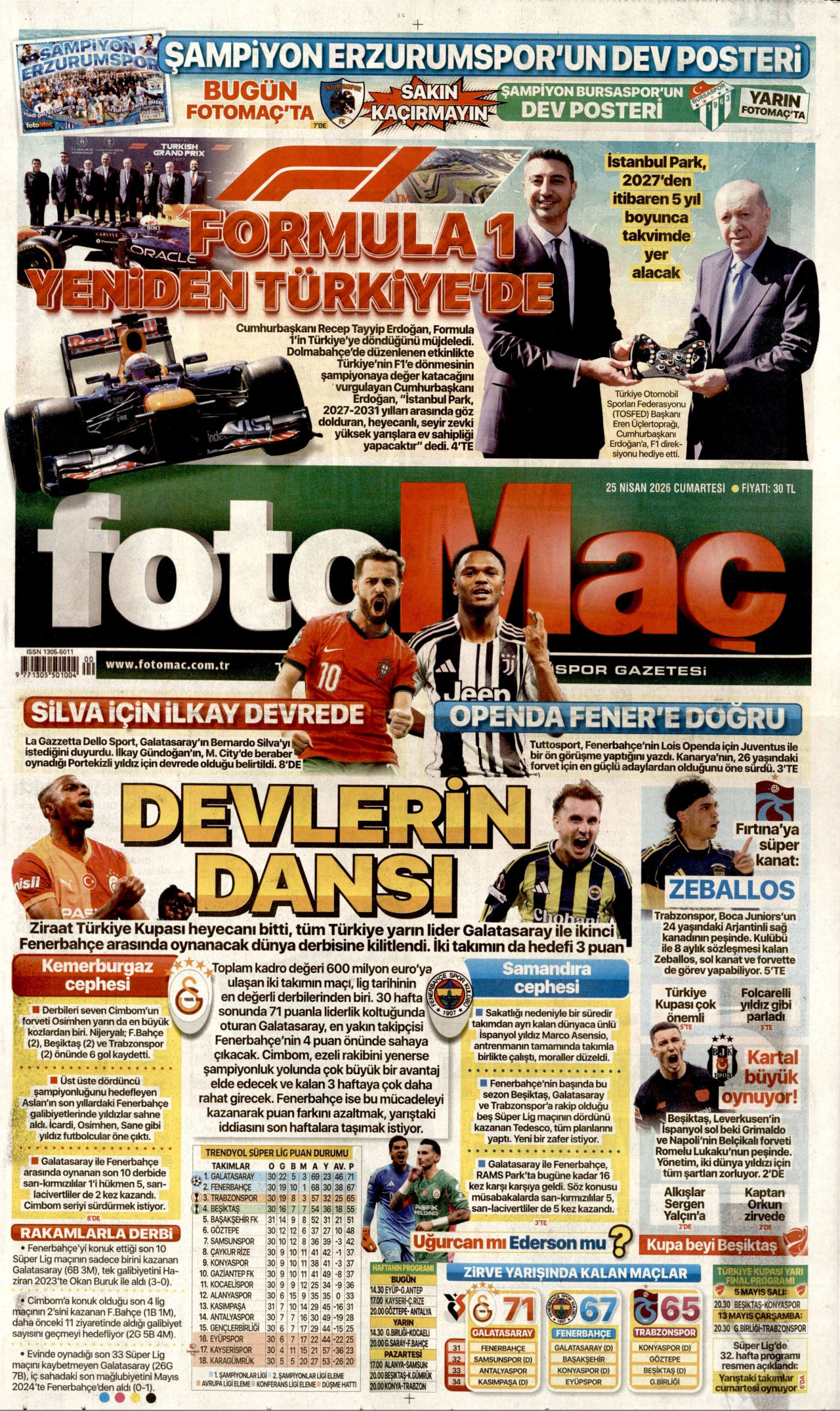 FOTOMAÇ gazetesinin 25 Nisan 2026 tarihli birinci sayfası