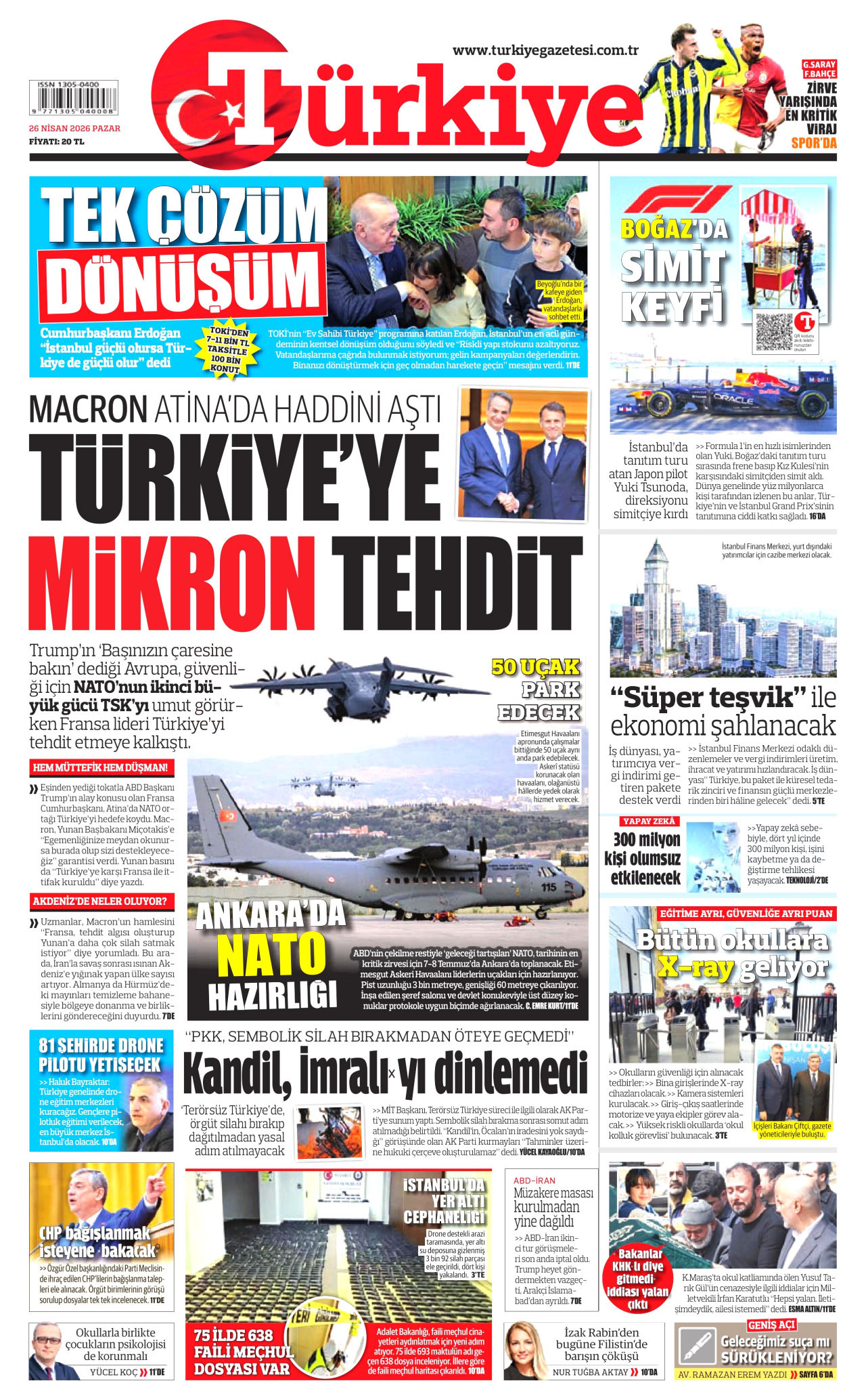 TÜRKİYE GAZETESİ gazetesinin 26 Nisan 2026 tarihli birinci sayfası