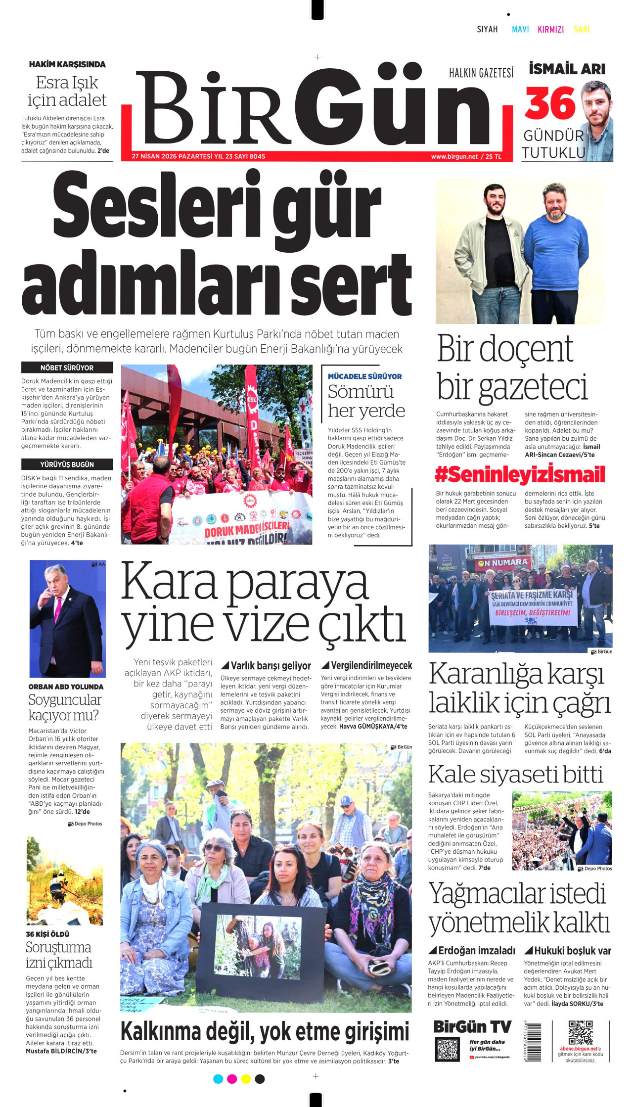 BİRGÜN gazetesinin 27 Nisan 2026 tarihli birinci sayfası