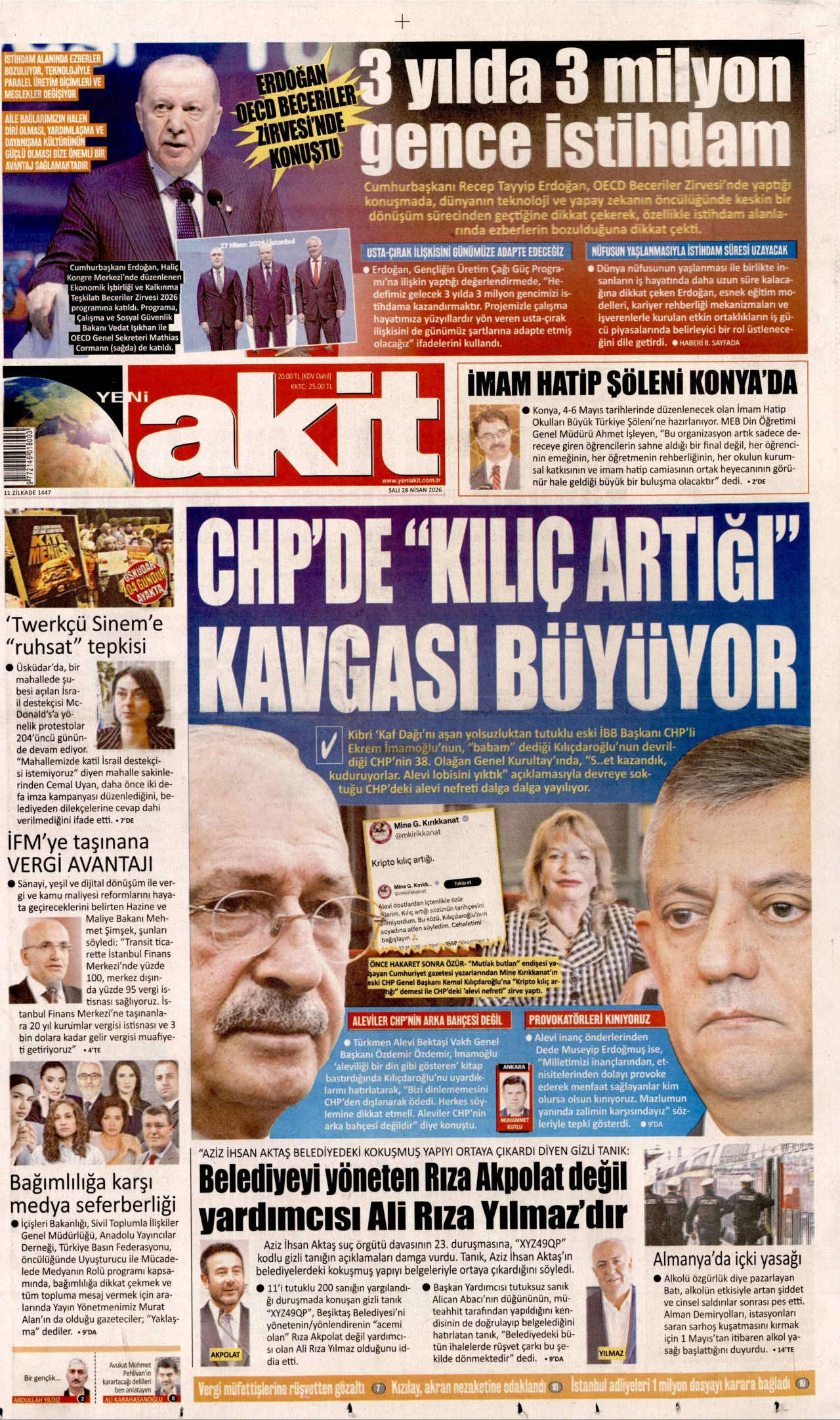 YENİ AKİT gazetesinin 28 Nisan 2026 tarihli birinci sayfası