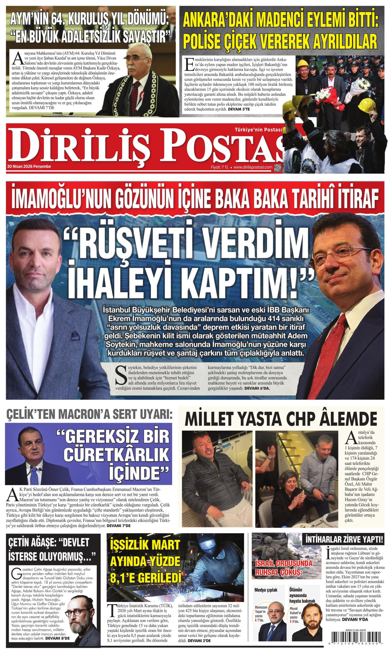 DİRİLİŞ POSTASI gazetesinin 30 Nisan 2026 tarihli birinci sayfası