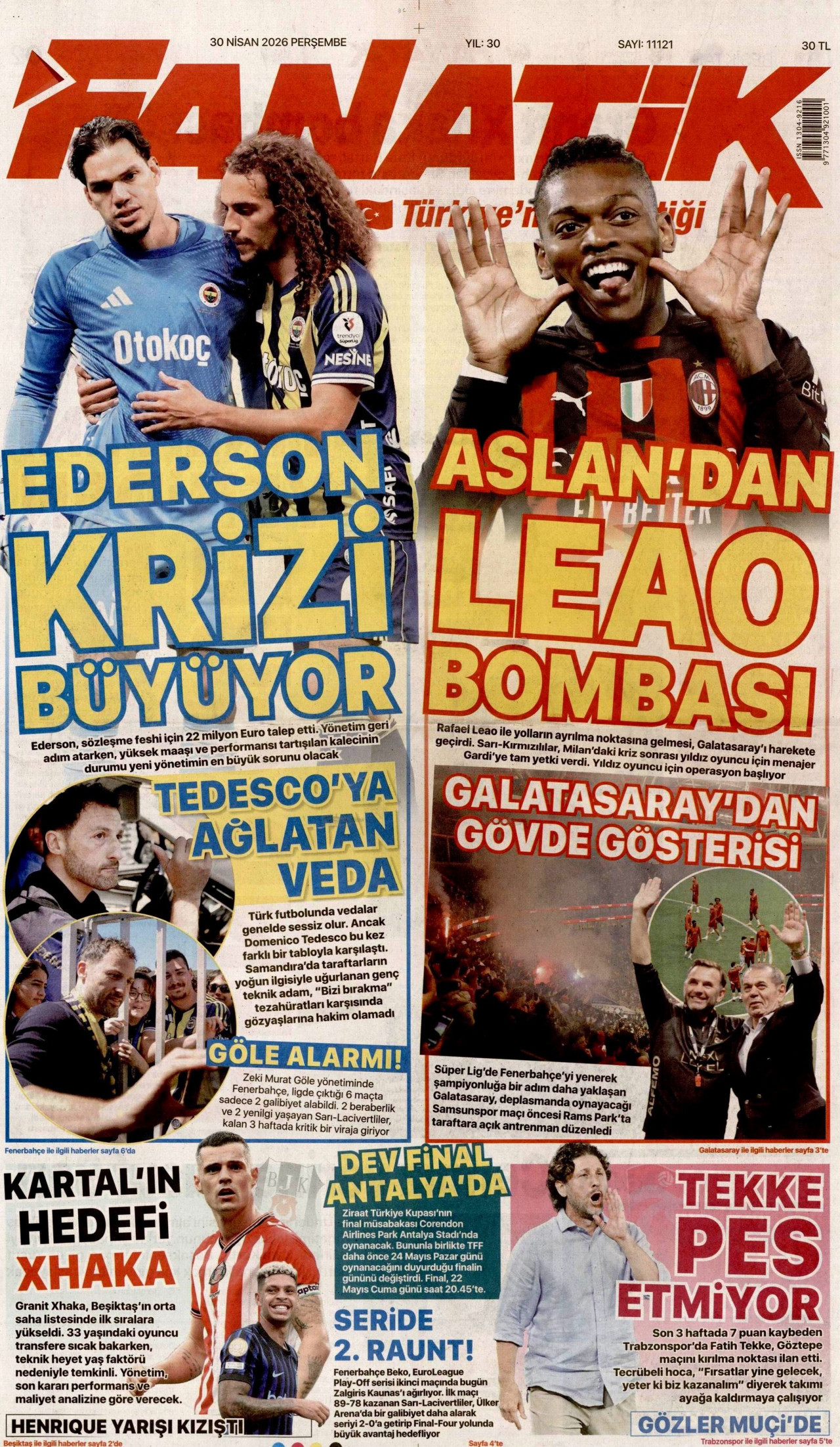 FANATİK gazetesinin 30 Nisan 2026 tarihli birinci sayfası