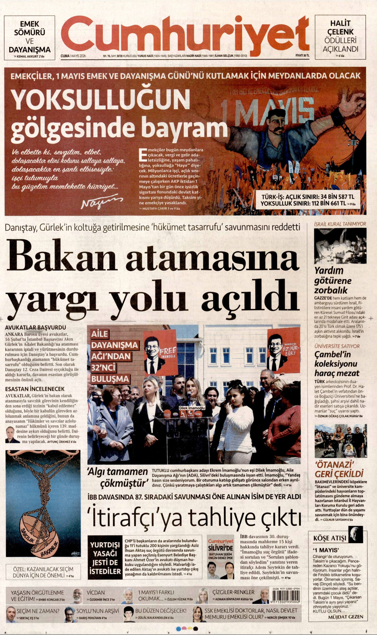CUMHURİYET gazetesinin 1 Mayıs 2026 tarihli birinci sayfası