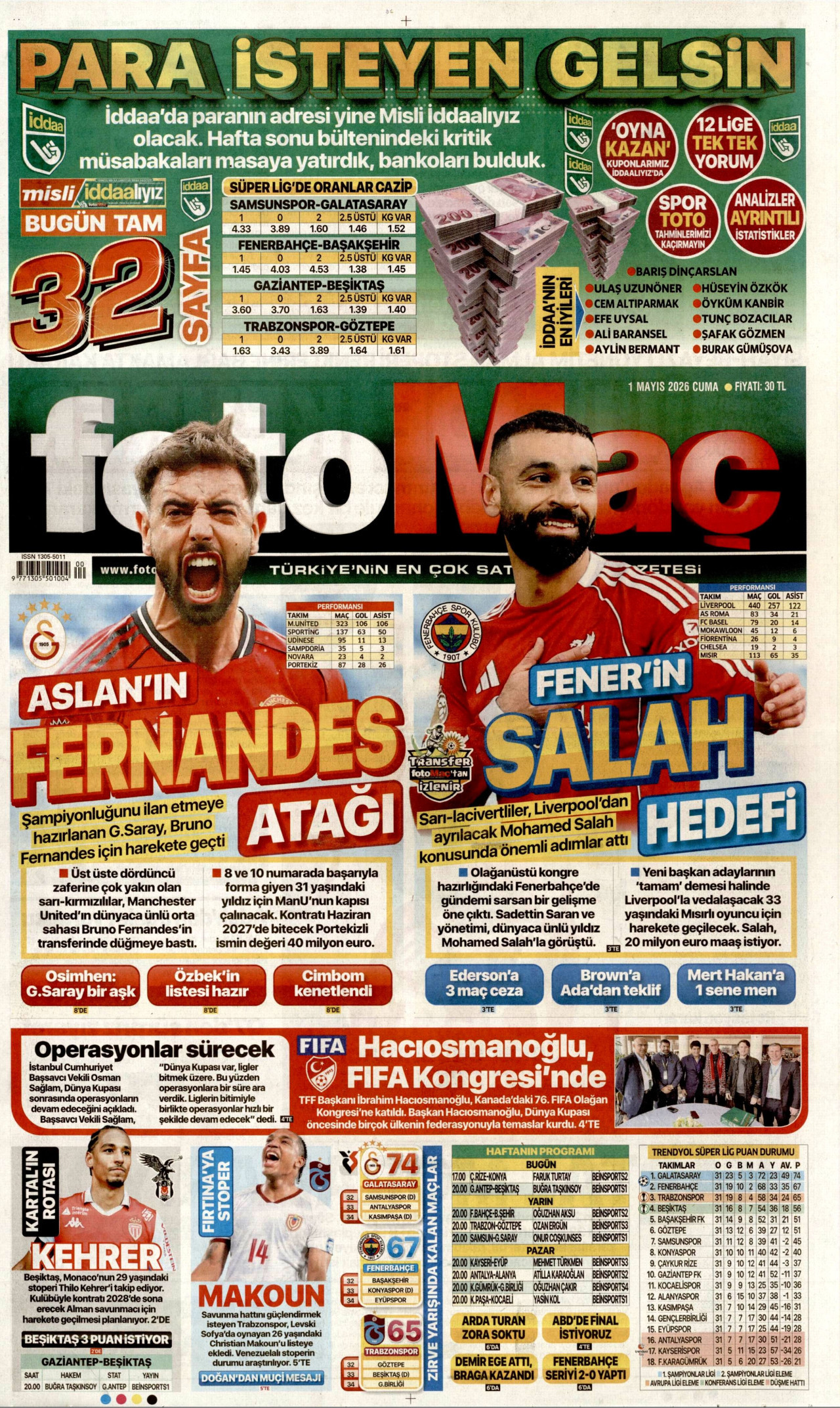 FOTOMAÇ gazetesinin 1 Mayıs 2026 tarihli birinci sayfası