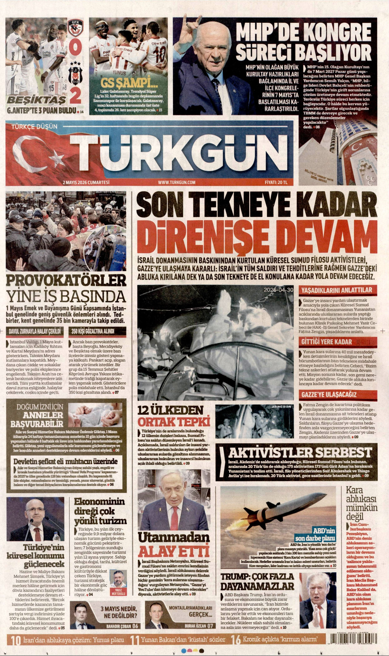 TÜRKGÜN gazetesinin 2 Mayıs 2026 tarihli birinci sayfası