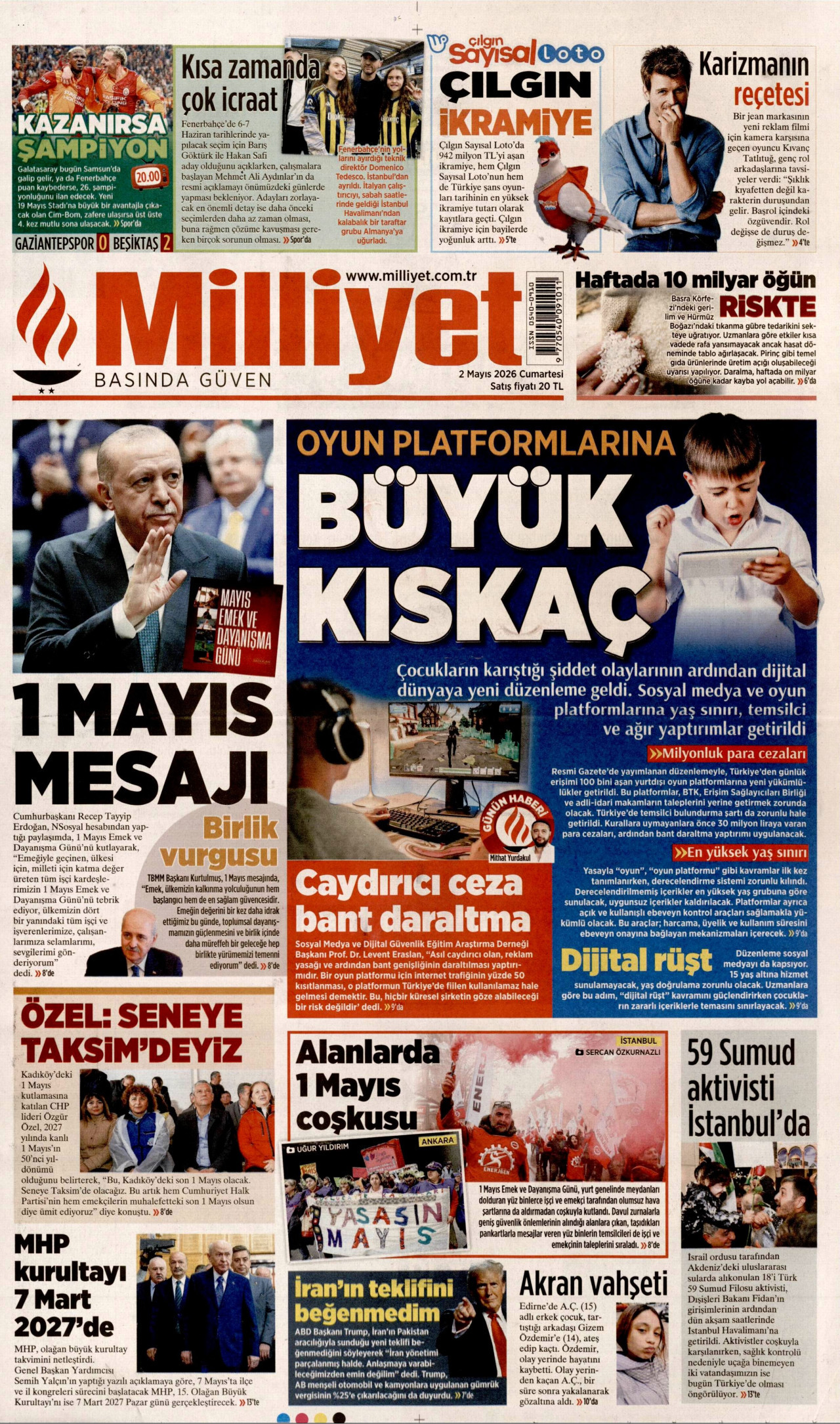MİLLİYET gazetesinin 2 Mayıs 2026 tarihli birinci sayfası