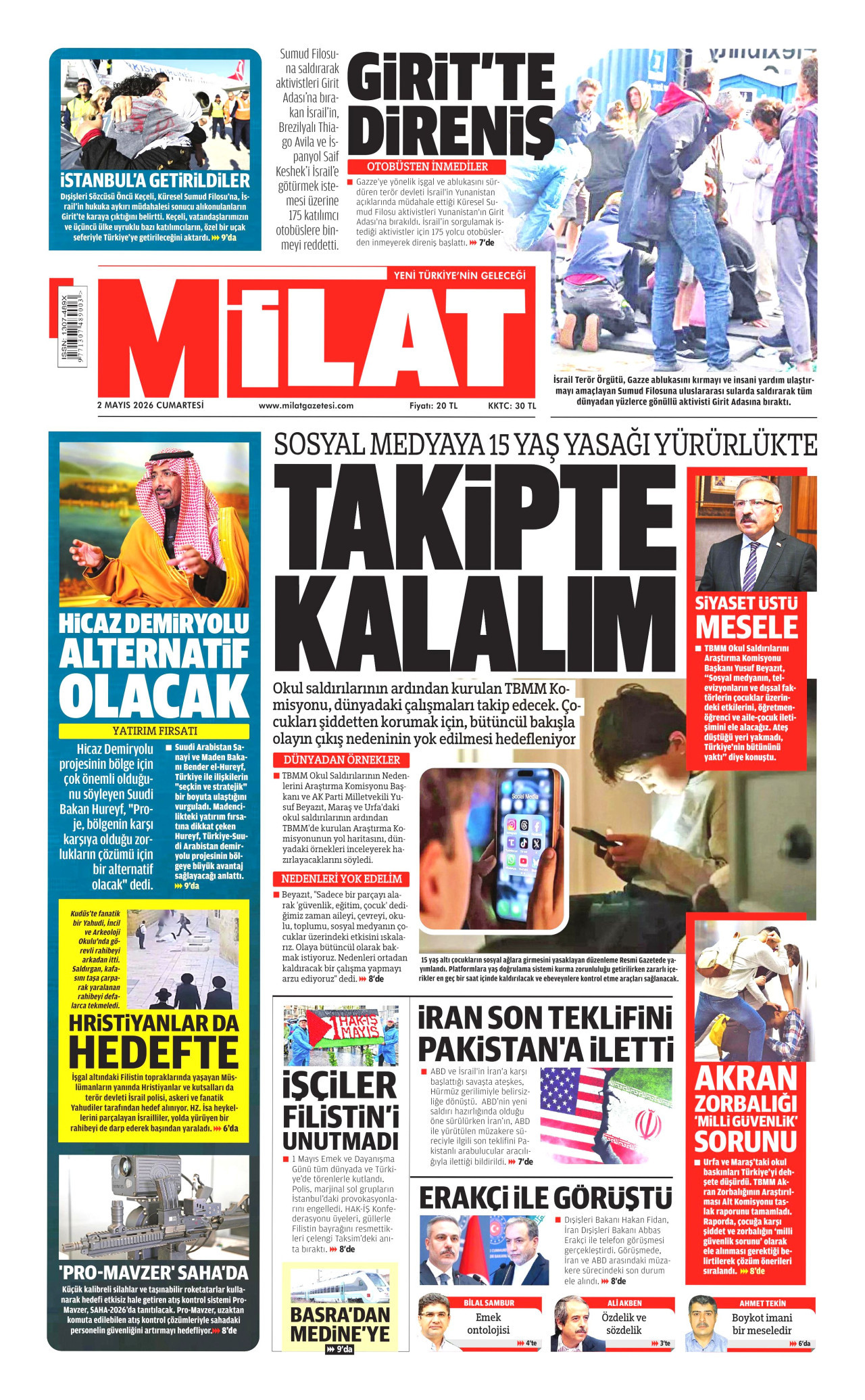 MİLAT gazetesinin 2 Mayıs 2026 tarihli birinci sayfası