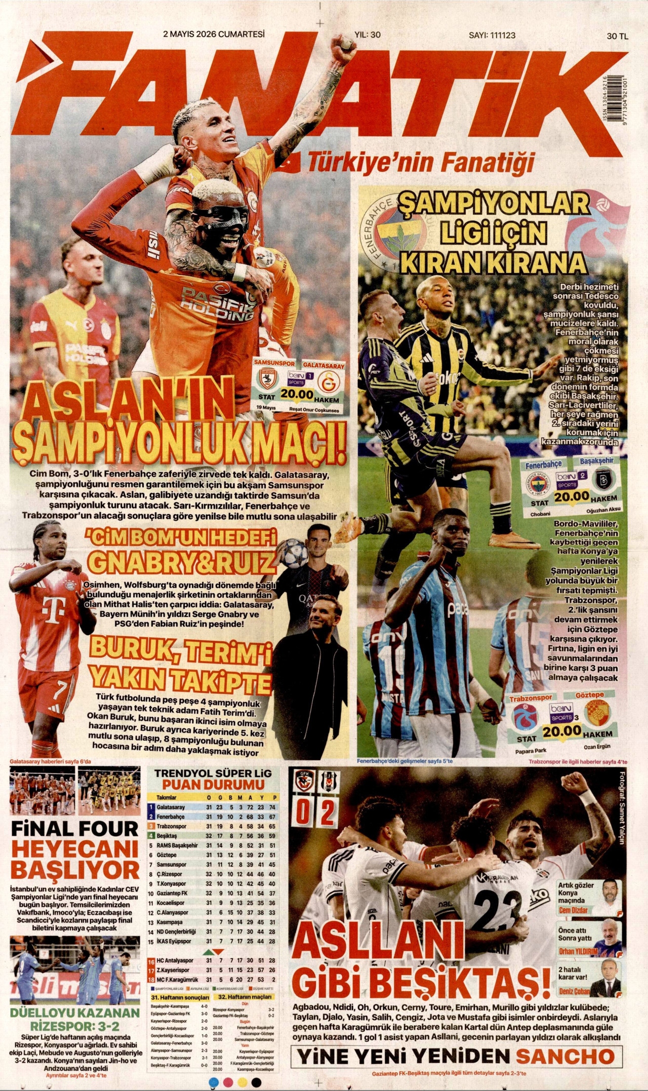 FANATİK gazetesinin 2 Mayıs 2026 tarihli birinci sayfası