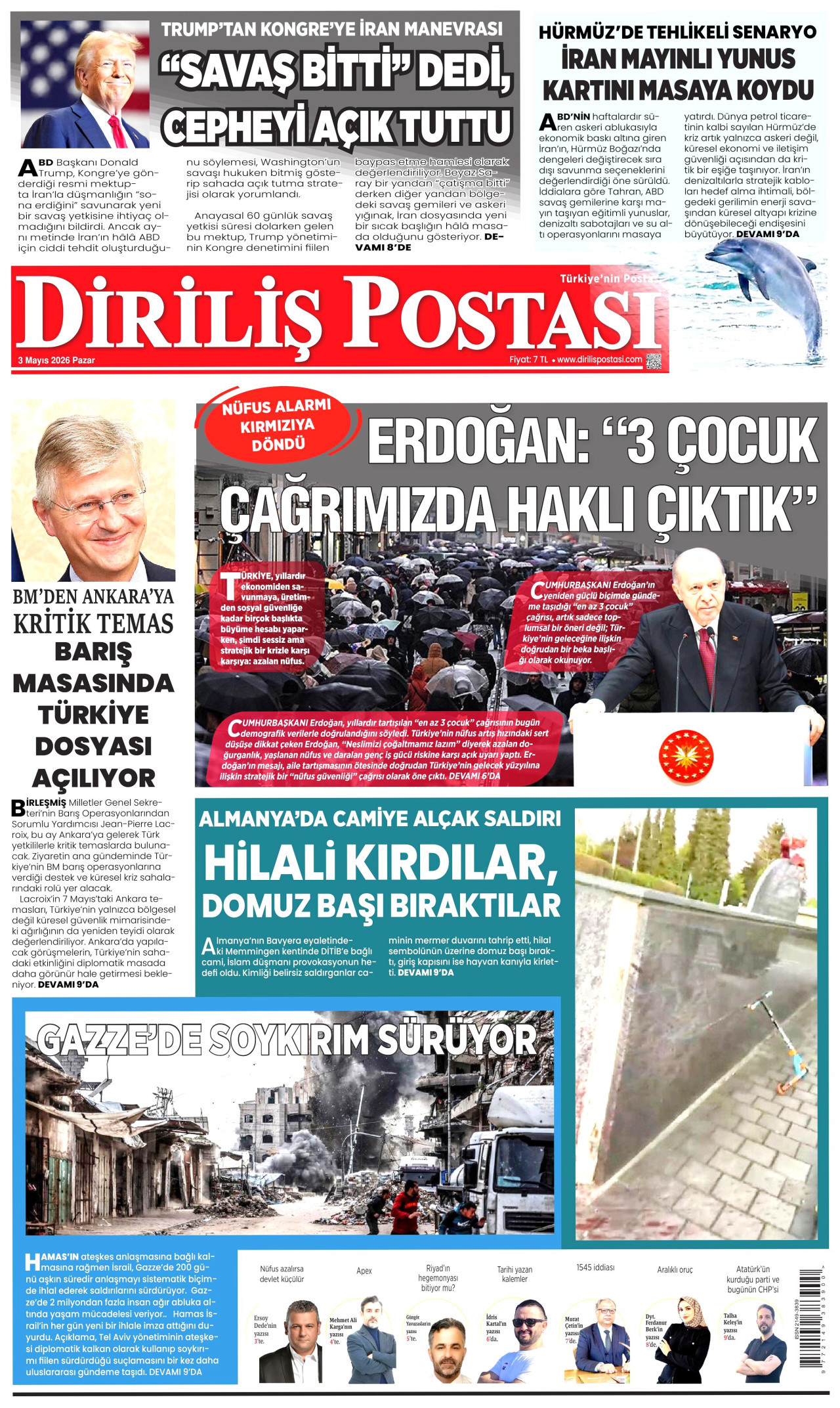 DİRİLİŞ POSTASI gazetesinin 3 Mayıs 2026 tarihli birinci sayfası