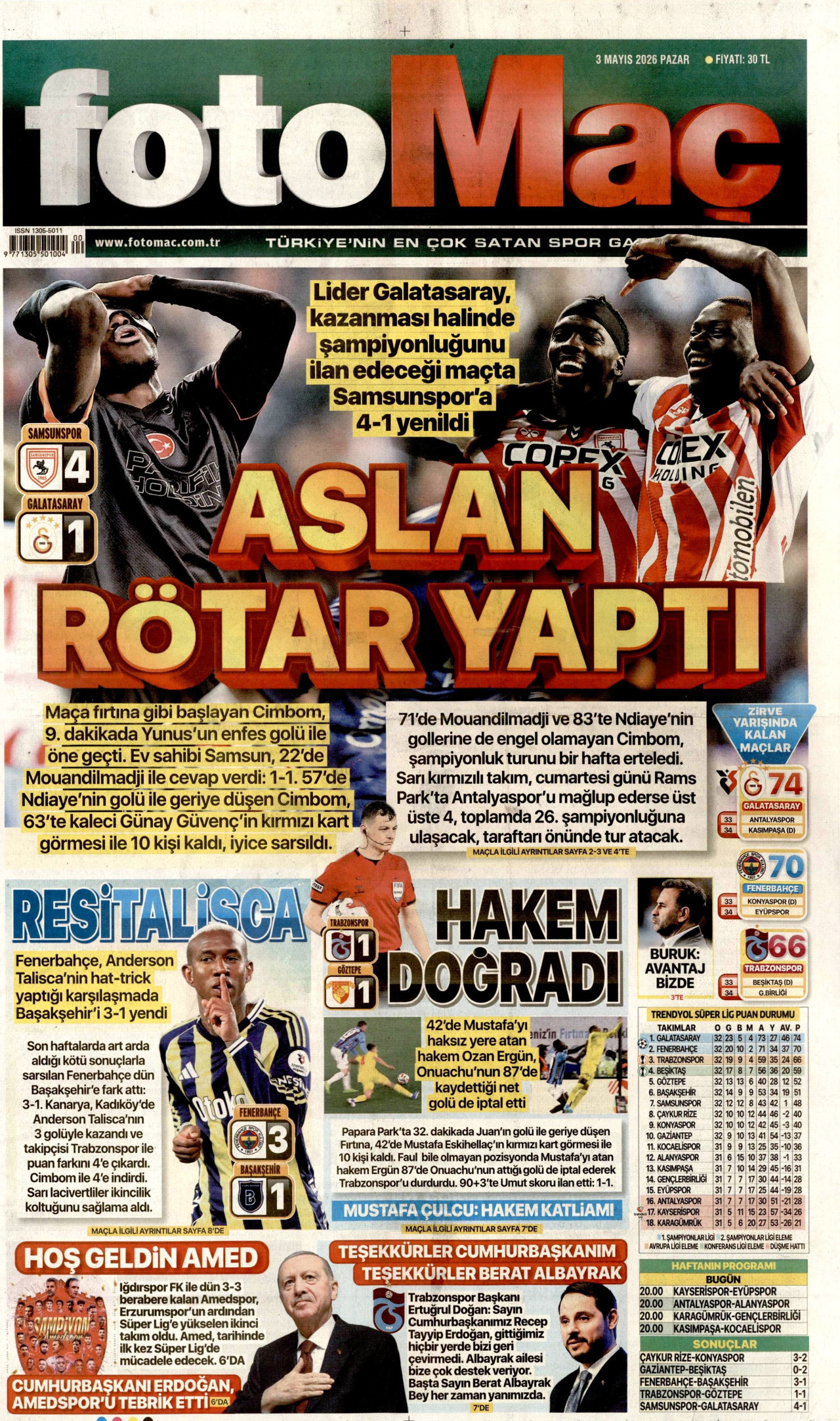FOTOMAÇ gazetesinin 3 Mayıs 2026 tarihli birinci sayfası