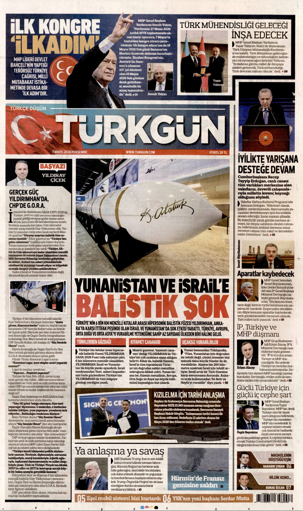 TÜRKGÜN gazetesinin 7 Mayıs 2026 tarihli birinci sayfası