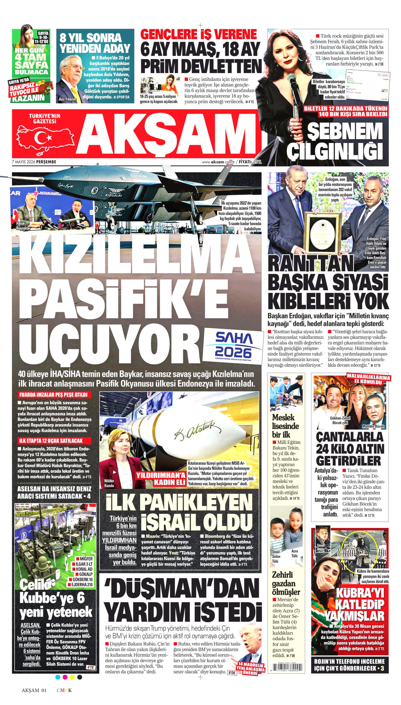 AKŞAM gazetesinin 7 Mayıs 2026 tarihli birinci sayfası