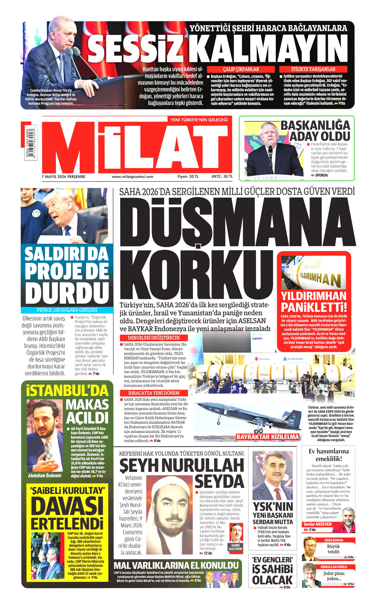 MİLAT gazetesinin 7 Mayıs 2026 tarihli birinci sayfası