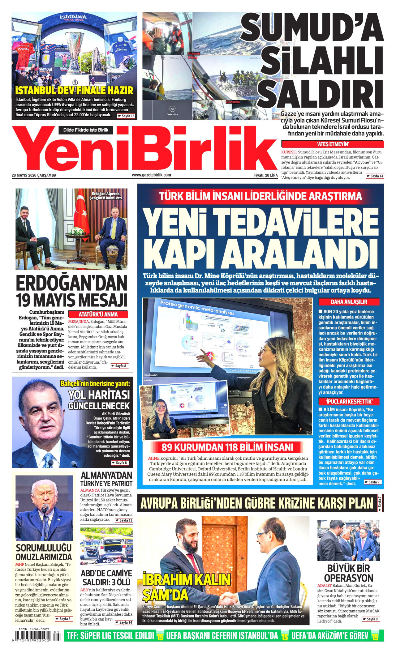 YENİBİRLİK gazetesinin 20 Mayıs 2026 tarihli birinci sayfası