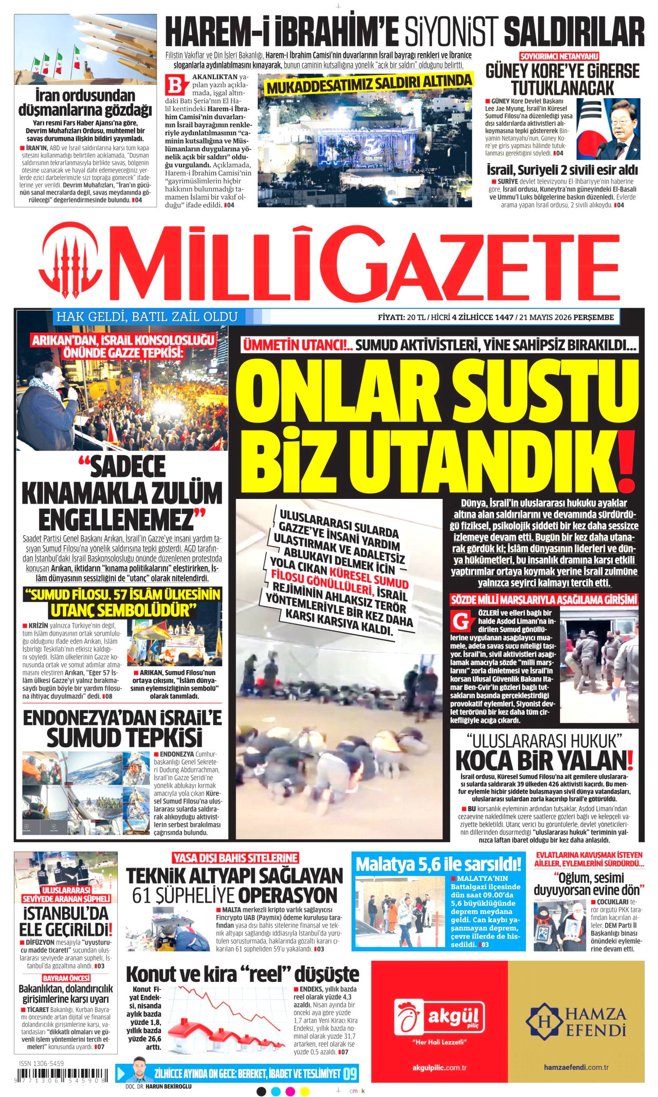 MİLLİ GAZETE gazetesinin 21 Mayıs 2026 tarihli birinci sayfası