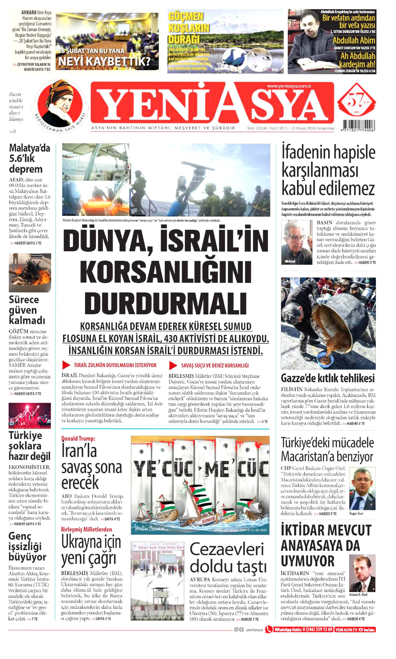 YENİ ASYA gazetesinin 21 Mayıs 2026 tarihli birinci sayfası