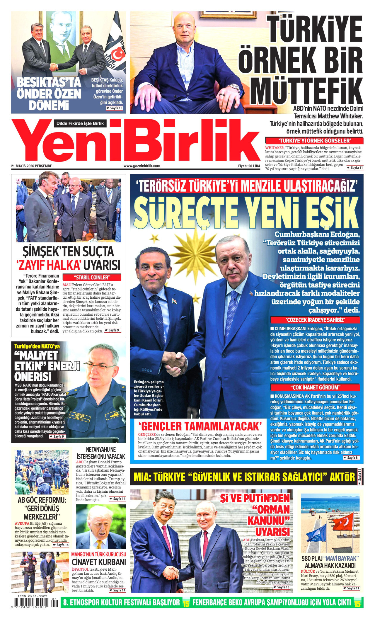 YENİBİRLİK gazetesinin 21 Mayıs 2026 tarihli birinci sayfası