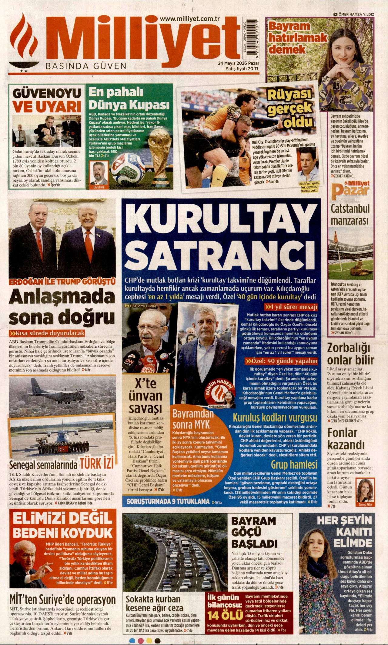 MİLLİYET gazetesinin 24 Mayıs 2026 tarihli birinci sayfası